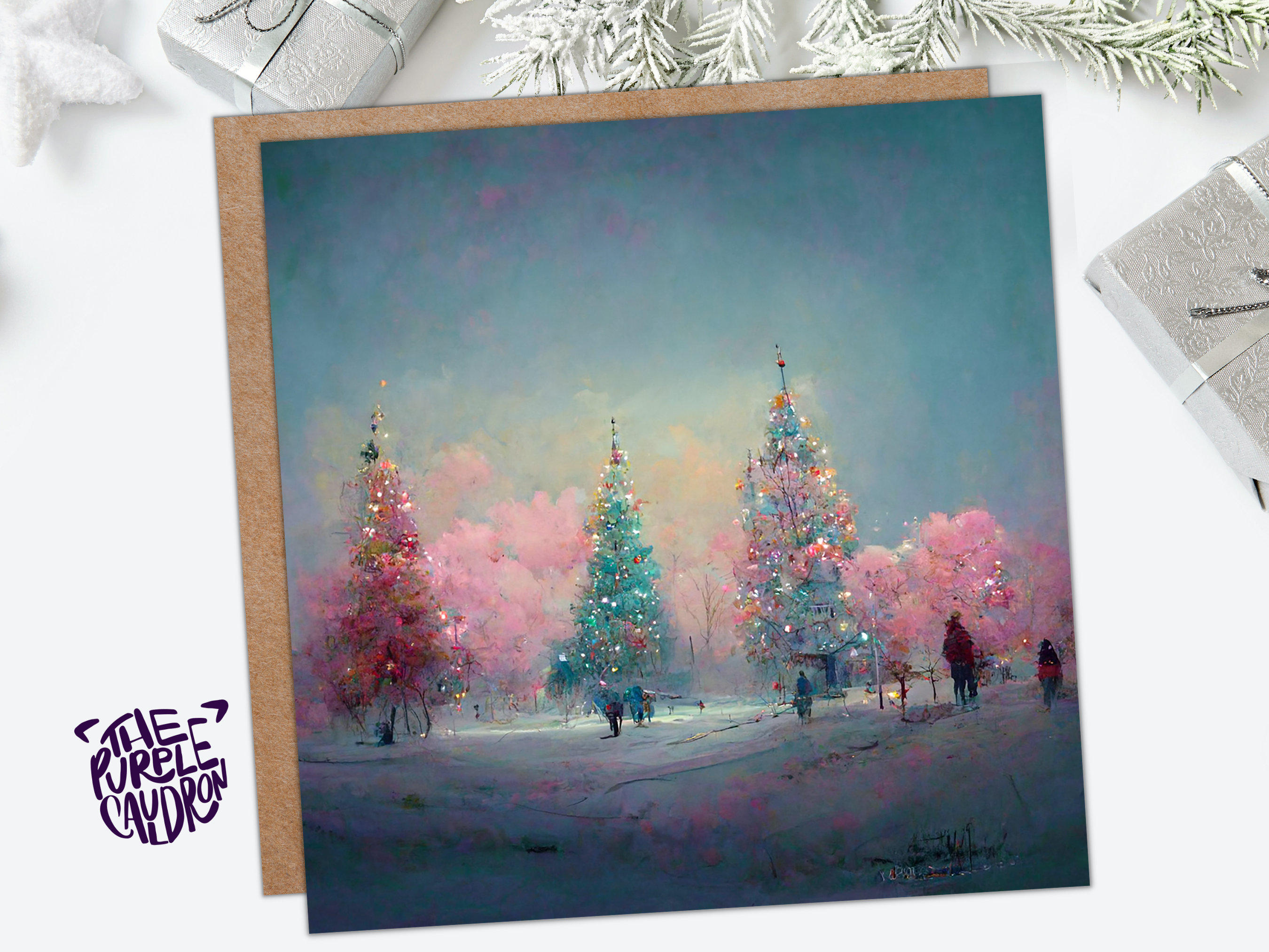 Pastel Christmas Trees Card Whimsical Snow Scene in Shades of Pink & Blue 1, 5, or 10 Pack Impressionist Greetings Family Friends Xmas 2025 - View 5