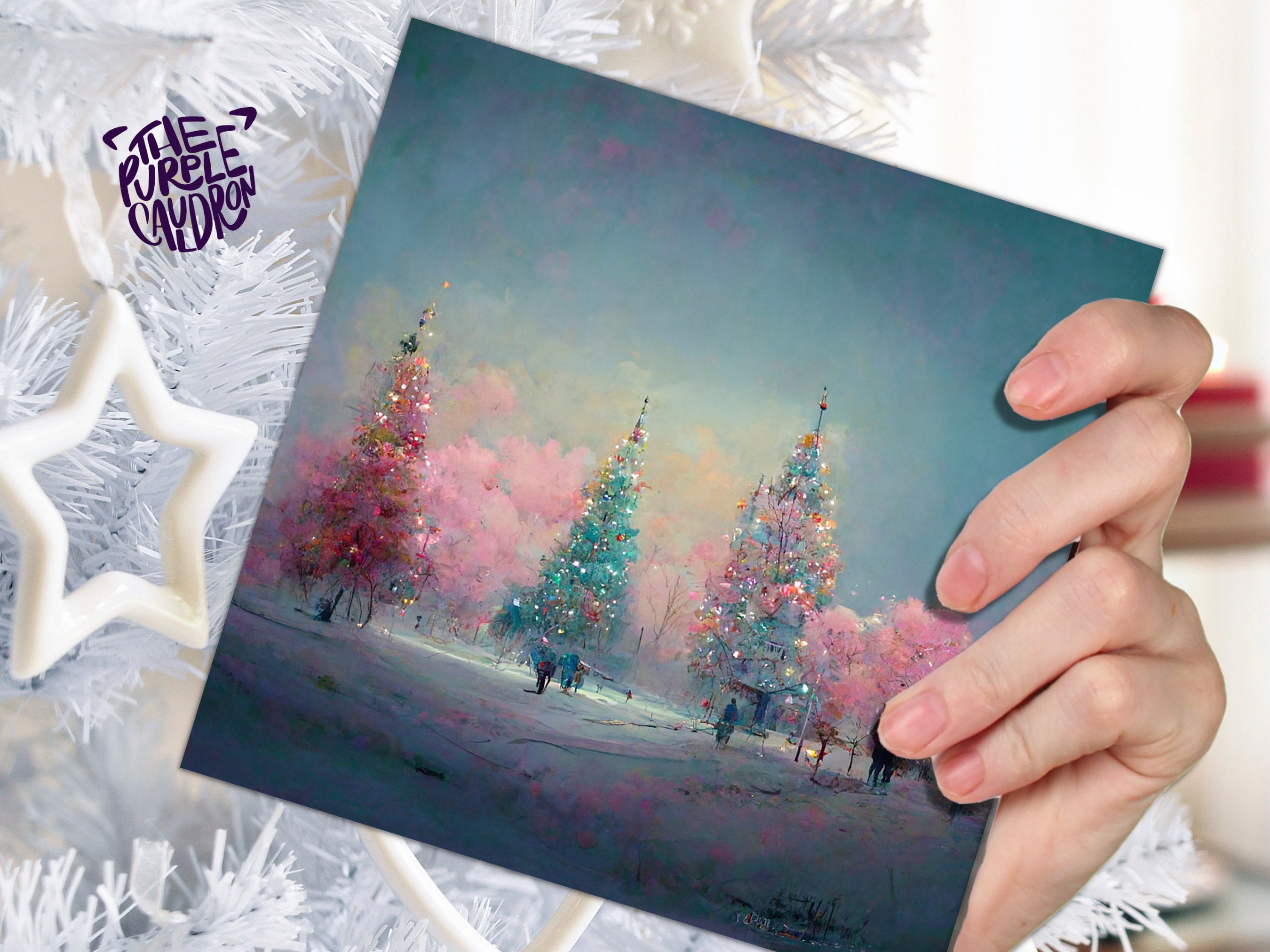 Pastel Christmas Trees Card Whimsical Snow Scene in Shades of Pink & Blue 1, 5, or 10 Pack Impressionist Greetings Family Friends Xmas 2025 - View 8