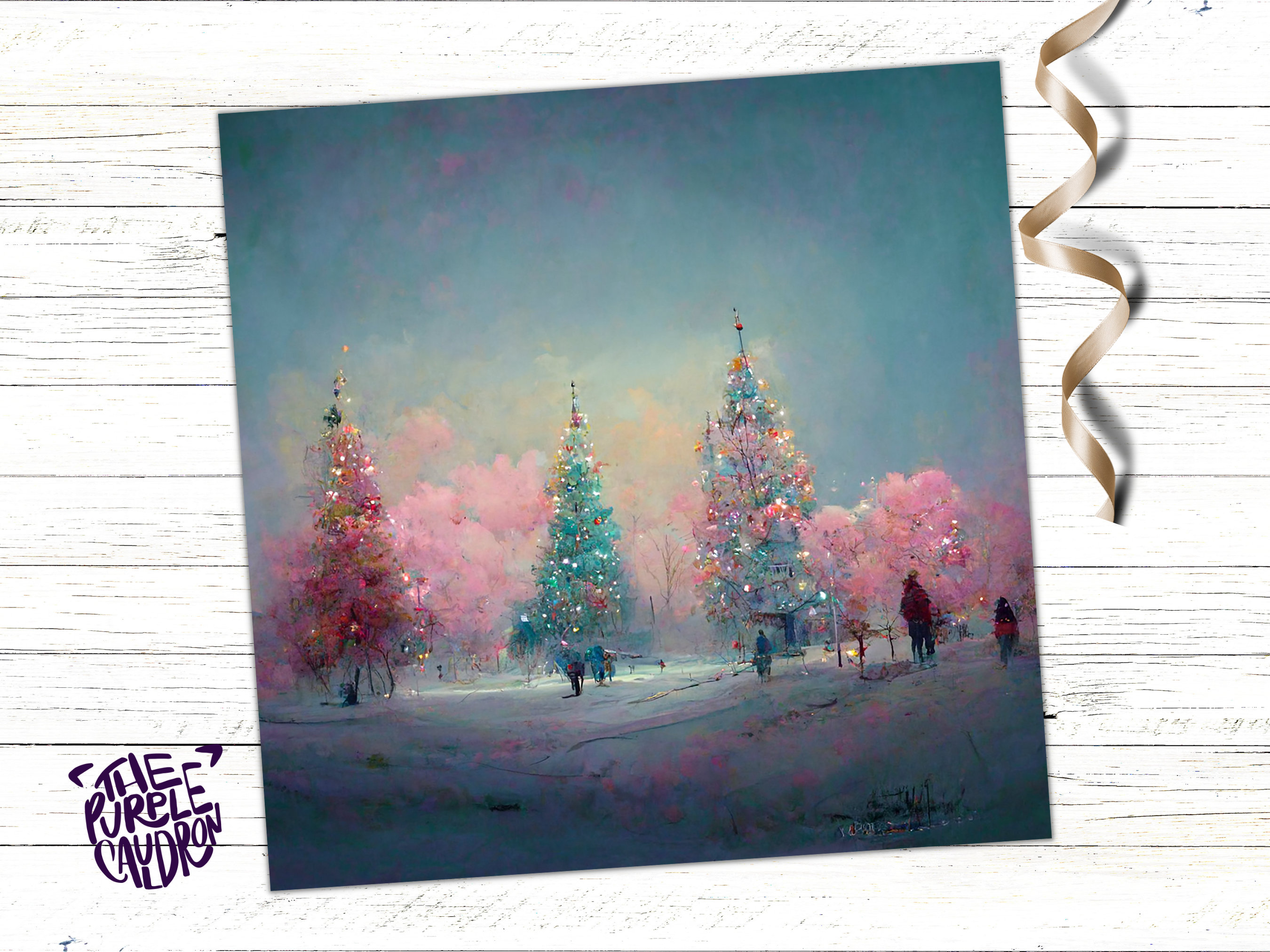 Pastel Christmas Trees Card Whimsical Snow Scene in Shades of Pink & Blue 1, 5, or 10 Pack Impressionist Greetings Family Friends Xmas 2025