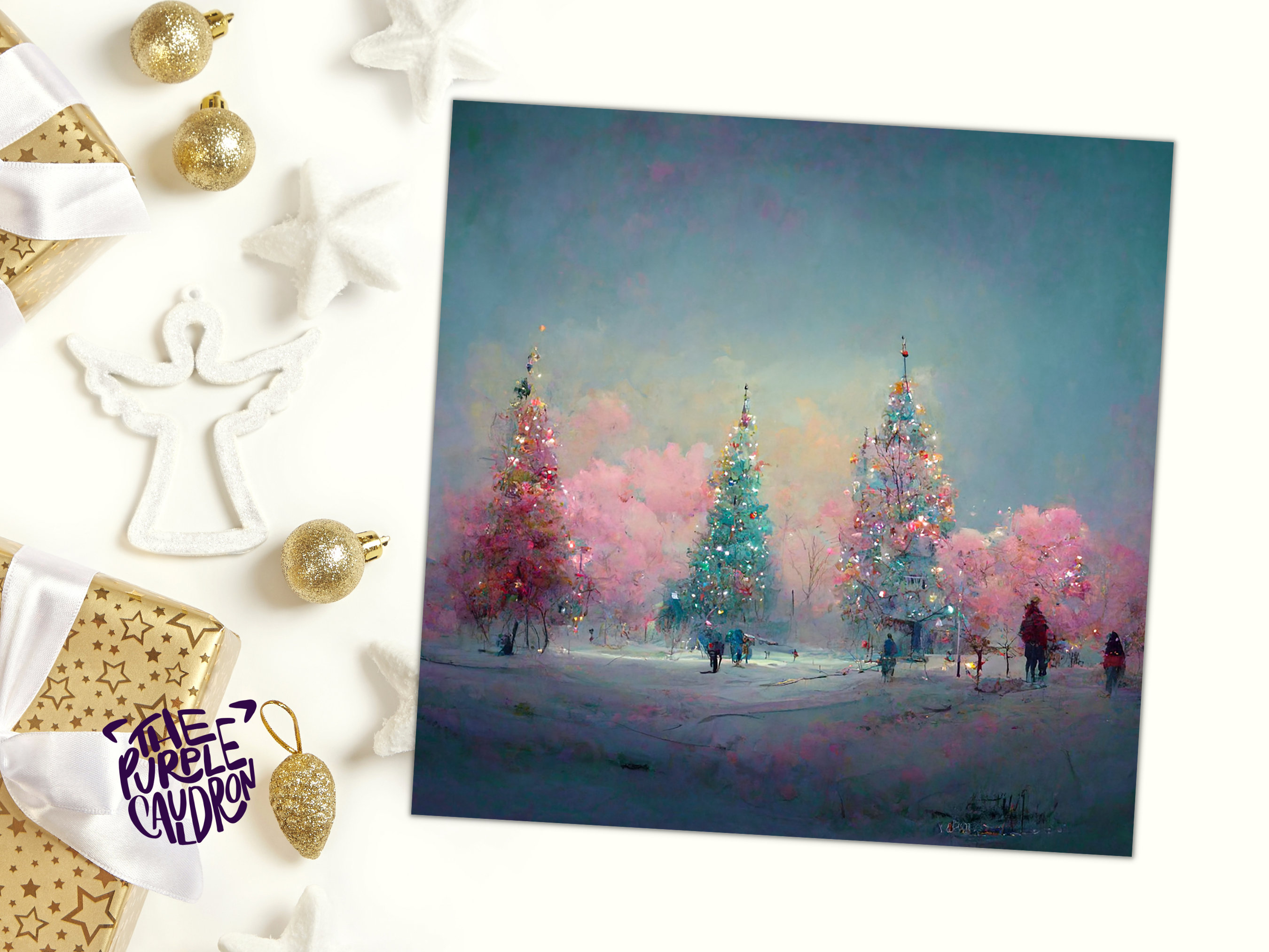 Pastel Christmas Trees Card Whimsical Snow Scene in Shades of Pink & Blue 1, 5, or 10 Pack Impressionist Greetings Family Friends Xmas 2025 - View 7