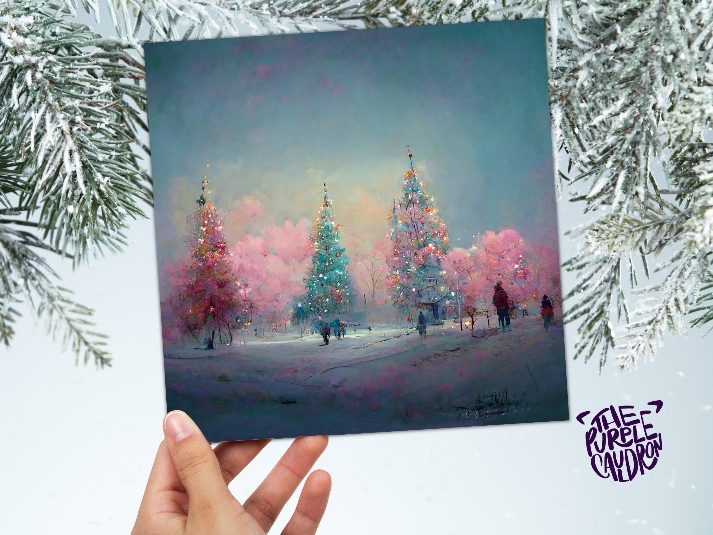 Pastel Christmas Trees Card Whimsical Snow Scene in Shades of Pink & Blue 1, 5, or 10 Pack Impressionist Greetings Family Friends Xmas 2025 - View 4