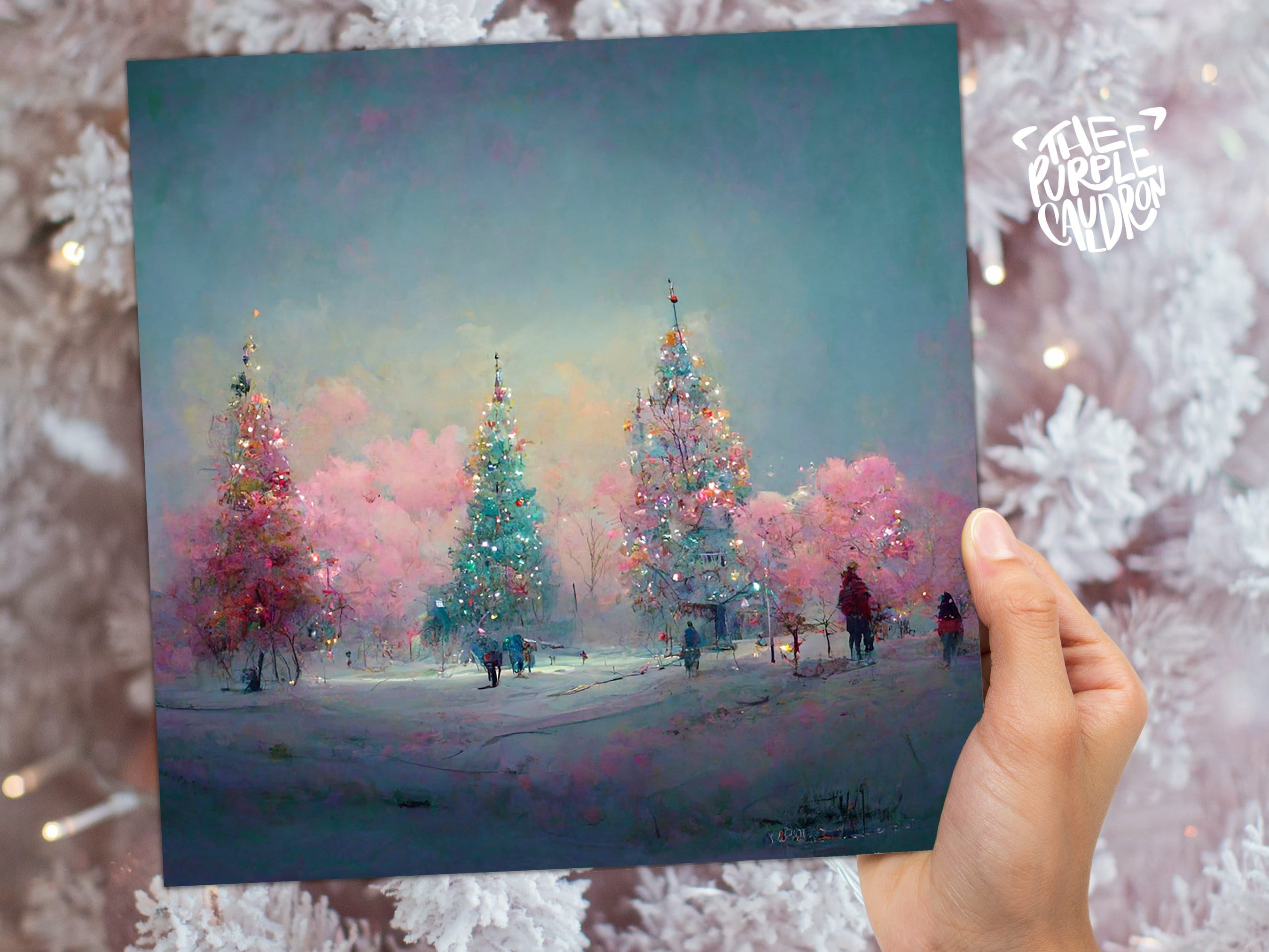 Pastel Christmas Trees Card Whimsical Snow Scene in Shades of Pink & Blue 1, 5, or 10 Pack Impressionist Greetings Family Friends Xmas 2025 - View 6