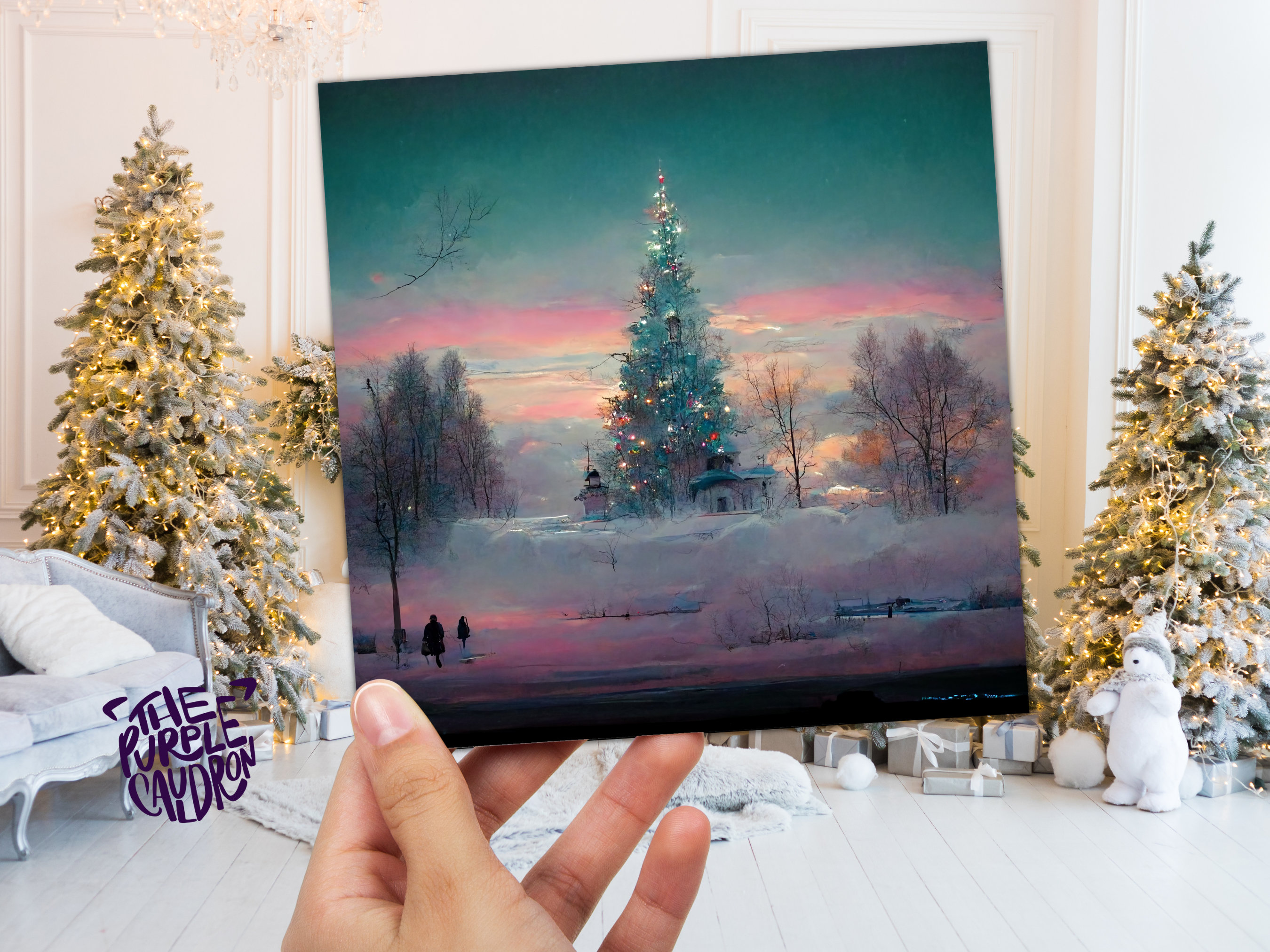 Pastel Christmas Card Whimsical Impressionist Winter Snow Scene Shades of Pink, Teal, & Purple 1, 5, or 10 Pack Greetings Friends Xmas 2025 - View 4