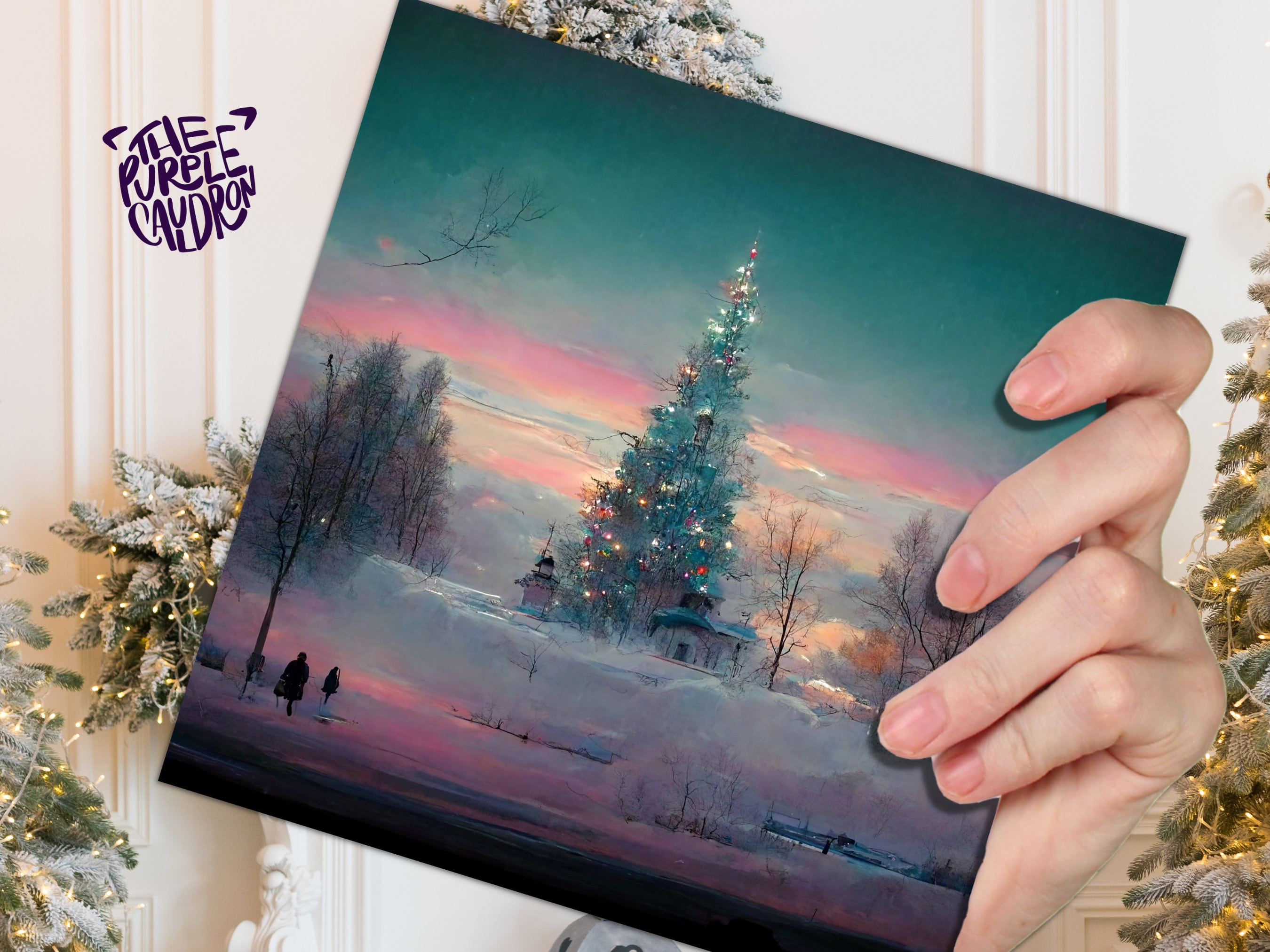 Pastel Christmas Card Whimsical Impressionist Winter Snow Scene Shades of Pink, Teal, & Purple 1, 5, or 10 Pack Greetings Friends Xmas 2025 - View 3