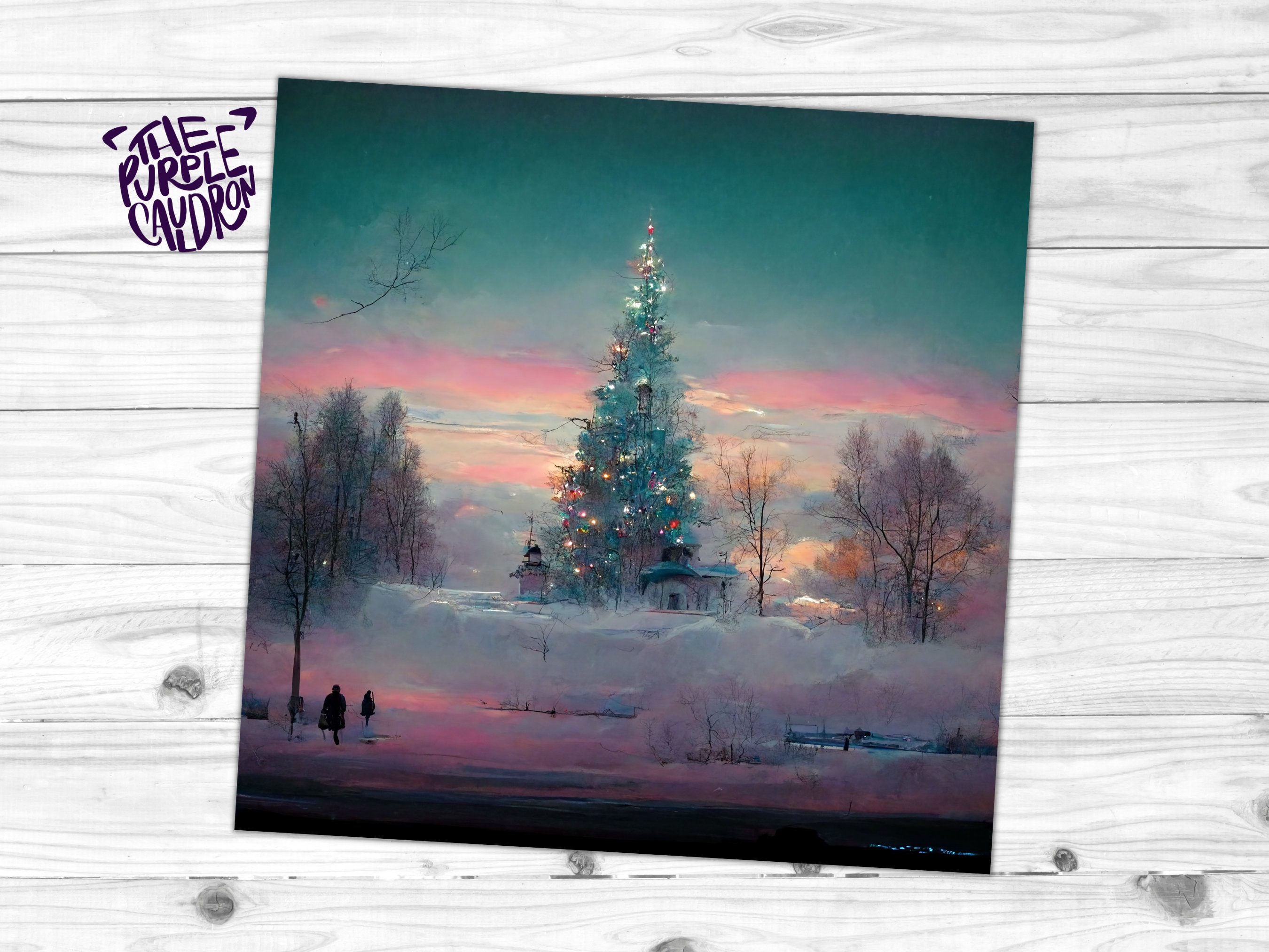 Pastel Christmas Card Whimsical Impressionist Winter Snow Scene Shades of Pink, Teal, & Purple 1, 5, or 10 Pack Greetings Friends Xmas 2025 - View 5