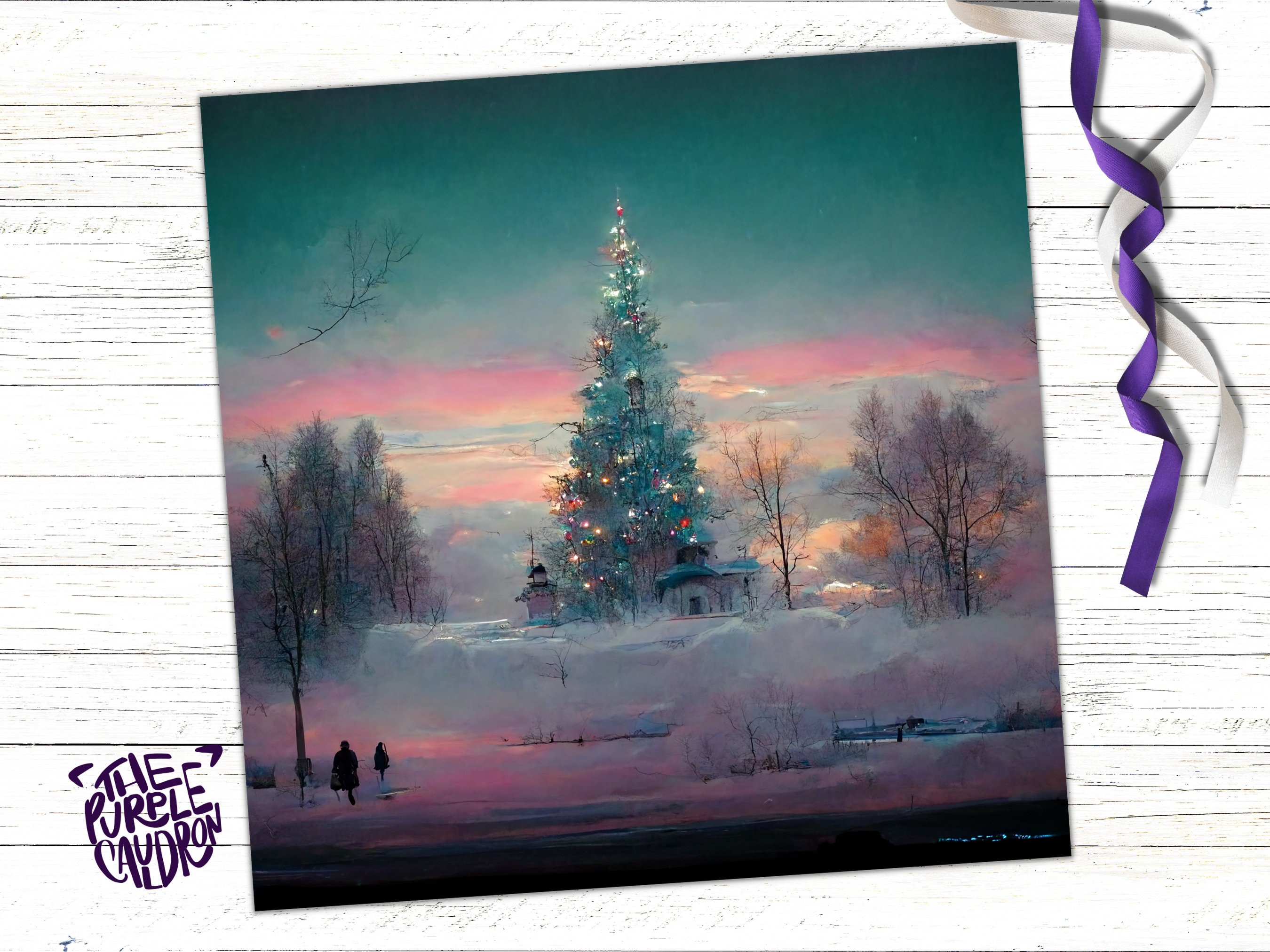 Pastel Christmas Card Whimsical Impressionist Winter Snow Scene Shades of Pink, Teal, & Purple 1, 5, or 10 Pack Greetings Friends Xmas 2025 - View 7