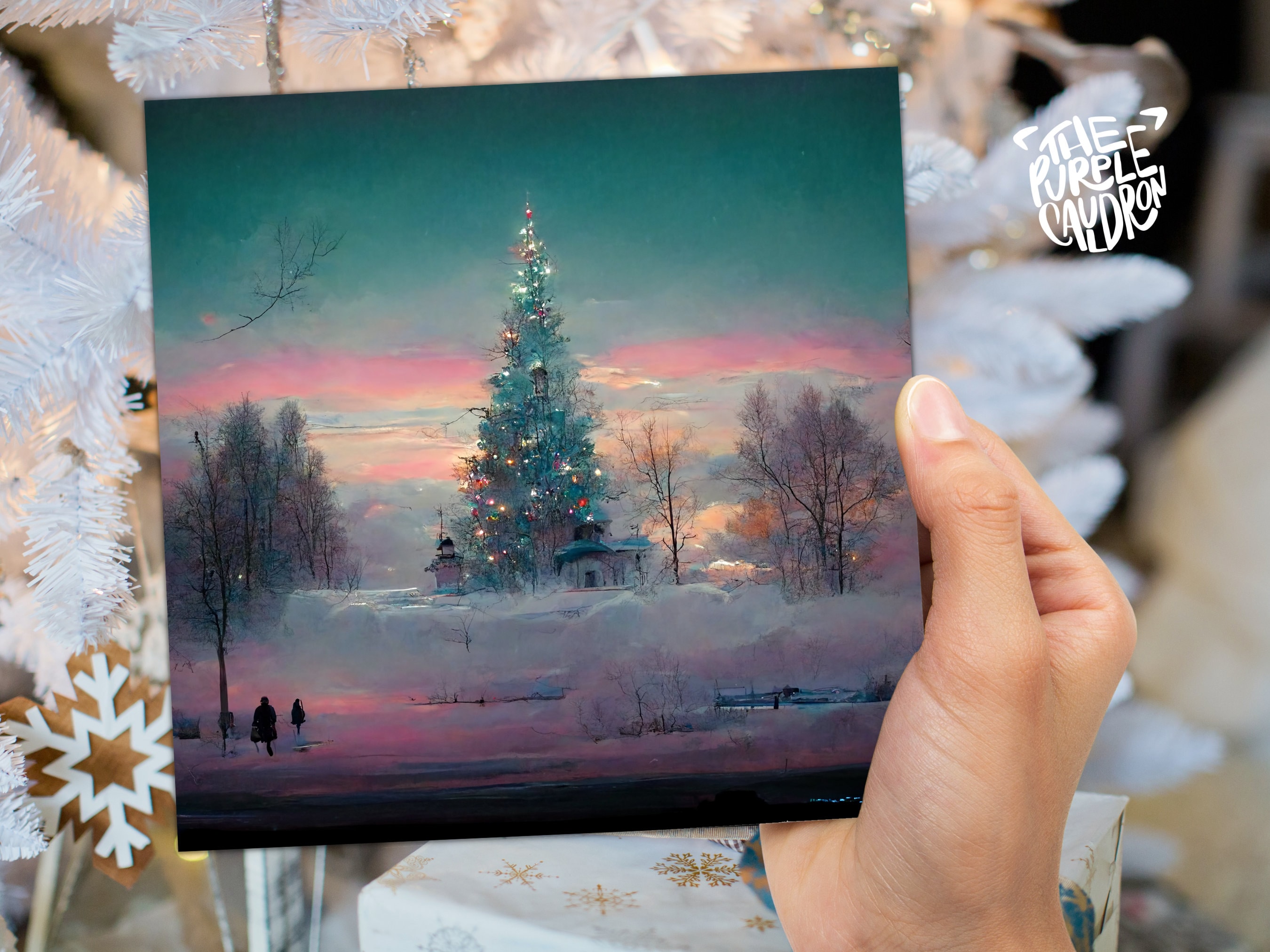 Pastel Christmas Card Whimsical Impressionist Winter Snow Scene Shades of Pink, Teal, & Purple 1, 5, or 10 Pack Greetings Friends Xmas 2025 - View 6