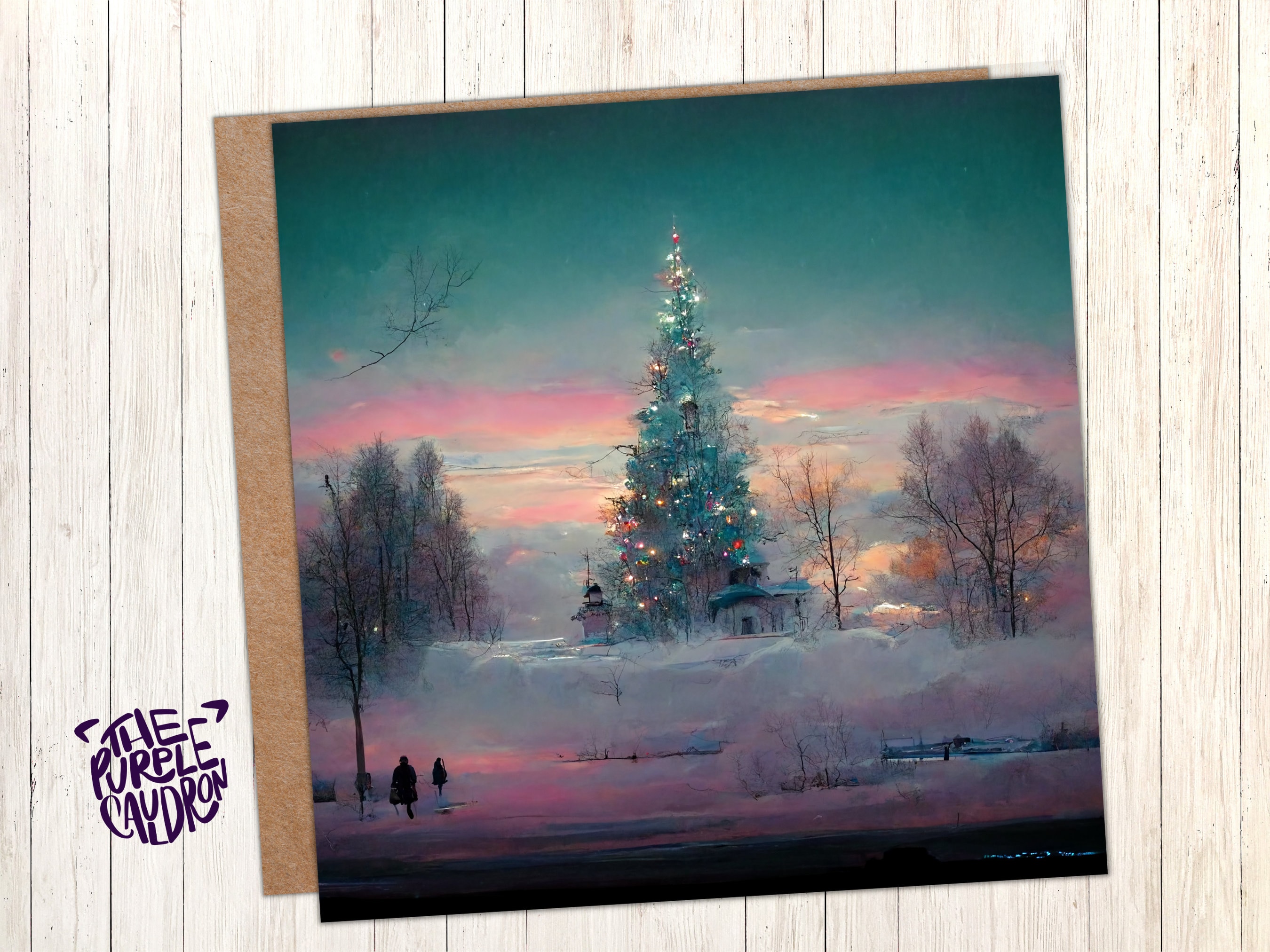 Pastel Christmas Card Whimsical Impressionist Winter Snow Scene Shades of Pink, Teal, & Purple 1, 5, or 10 Pack Greetings Friends Xmas 2025 - View 2