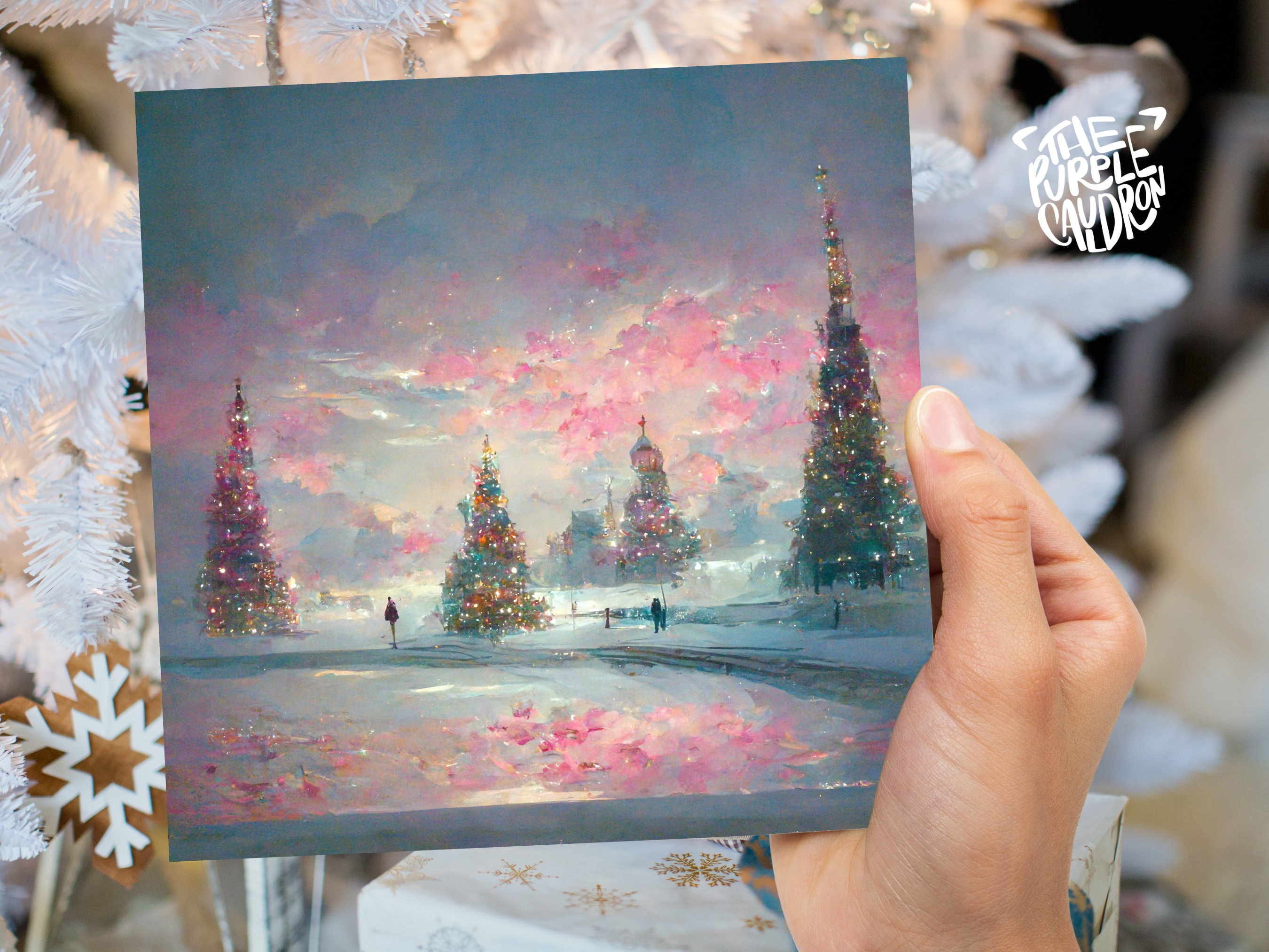 Pastel Christmas Card Winter Scene Impressionist Landscape Snow Shades of Pink, Teal, & Purple 1, 5, or 10 Pack Greetings Friends Xmas 2025 - View 4