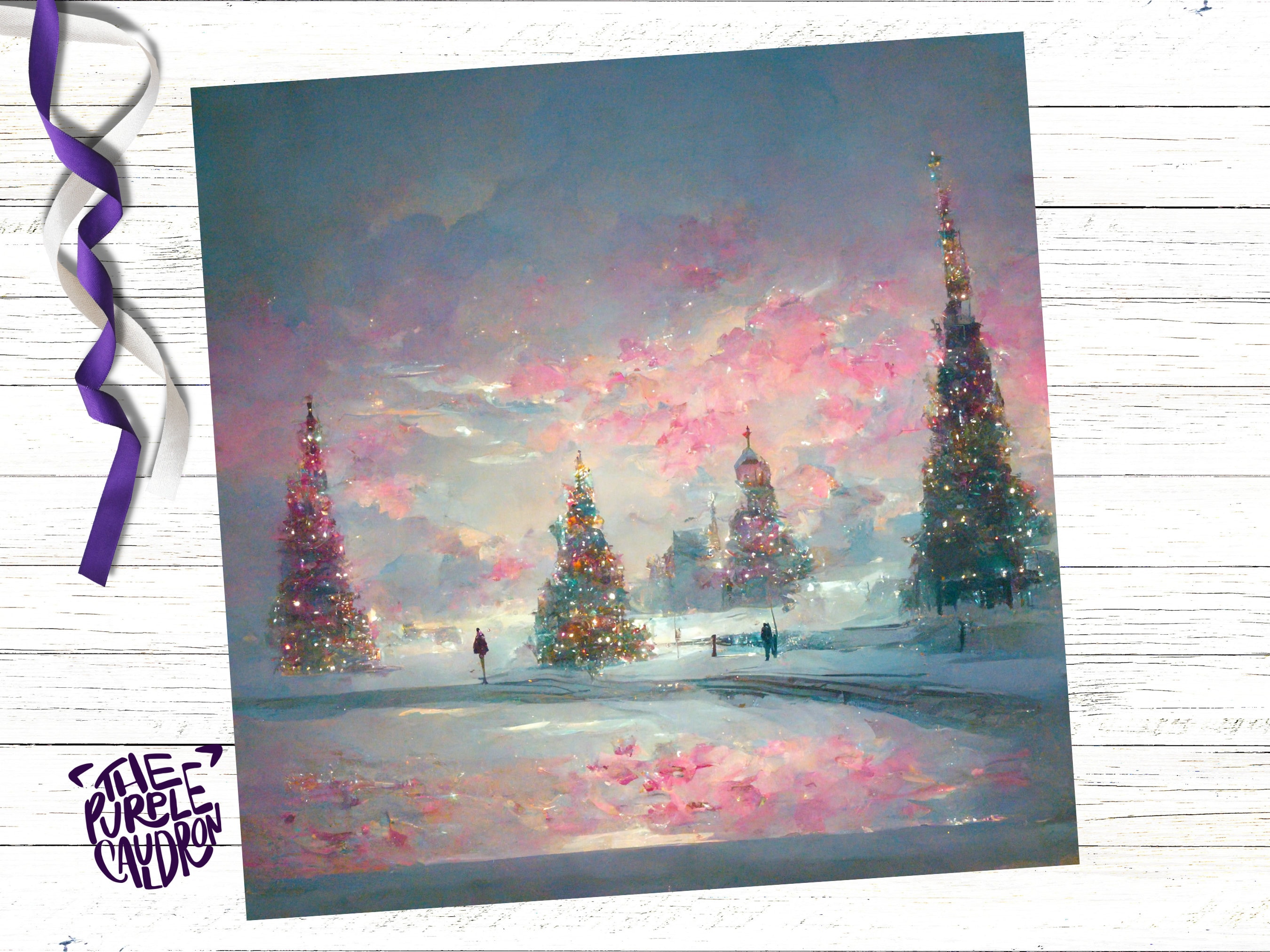 Pastel Christmas Card Winter Scene Impressionist Landscape Snow Shades of Pink, Teal, & Purple 1, 5, or 10 Pack Greetings Friends Xmas 2025 - View 2