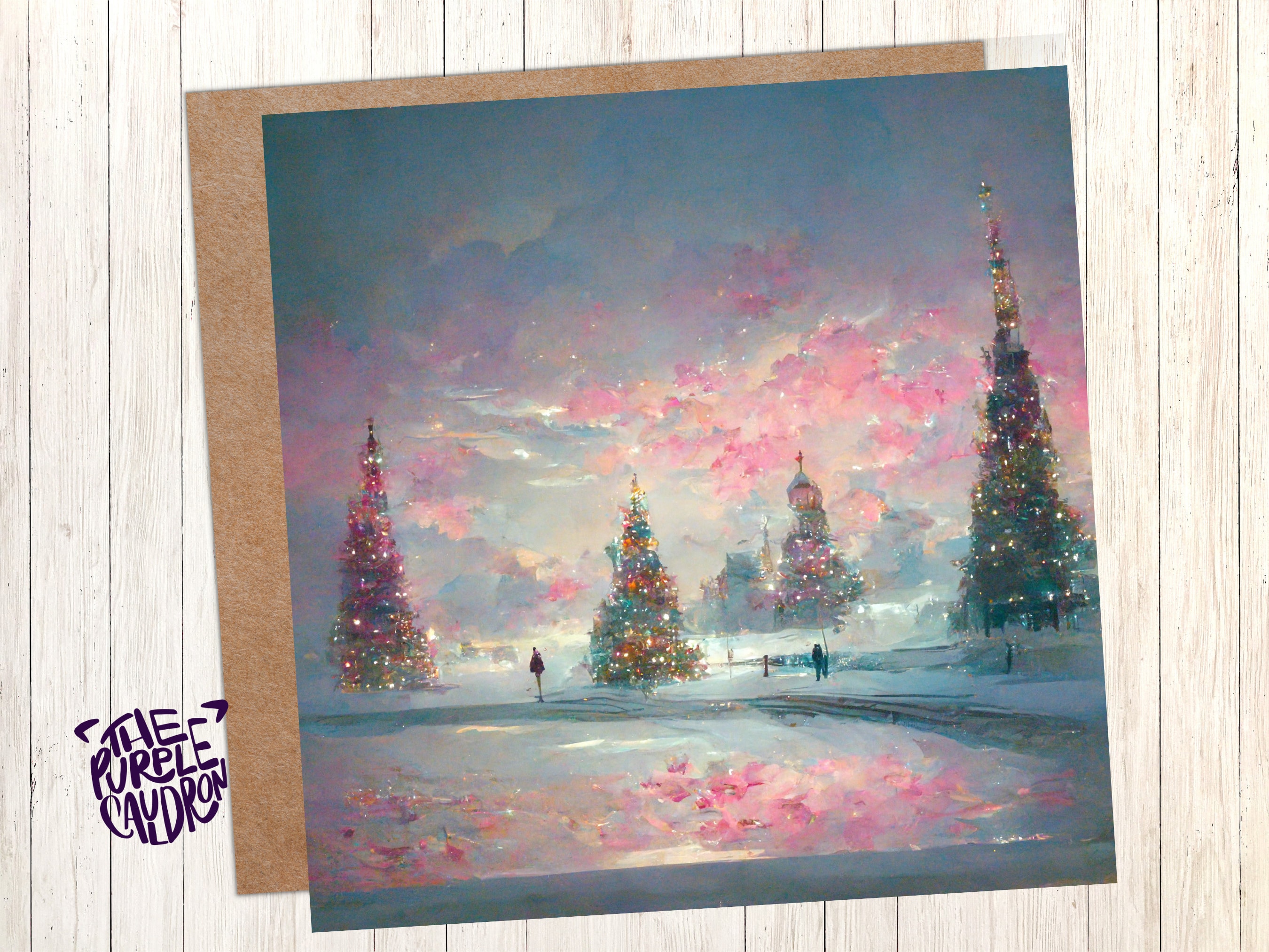 Pastel Christmas Card Winter Scene Impressionist Landscape Snow Shades of Pink, Teal, & Purple 1, 5, or 10 Pack Greetings Friends Xmas 2025 - View 6