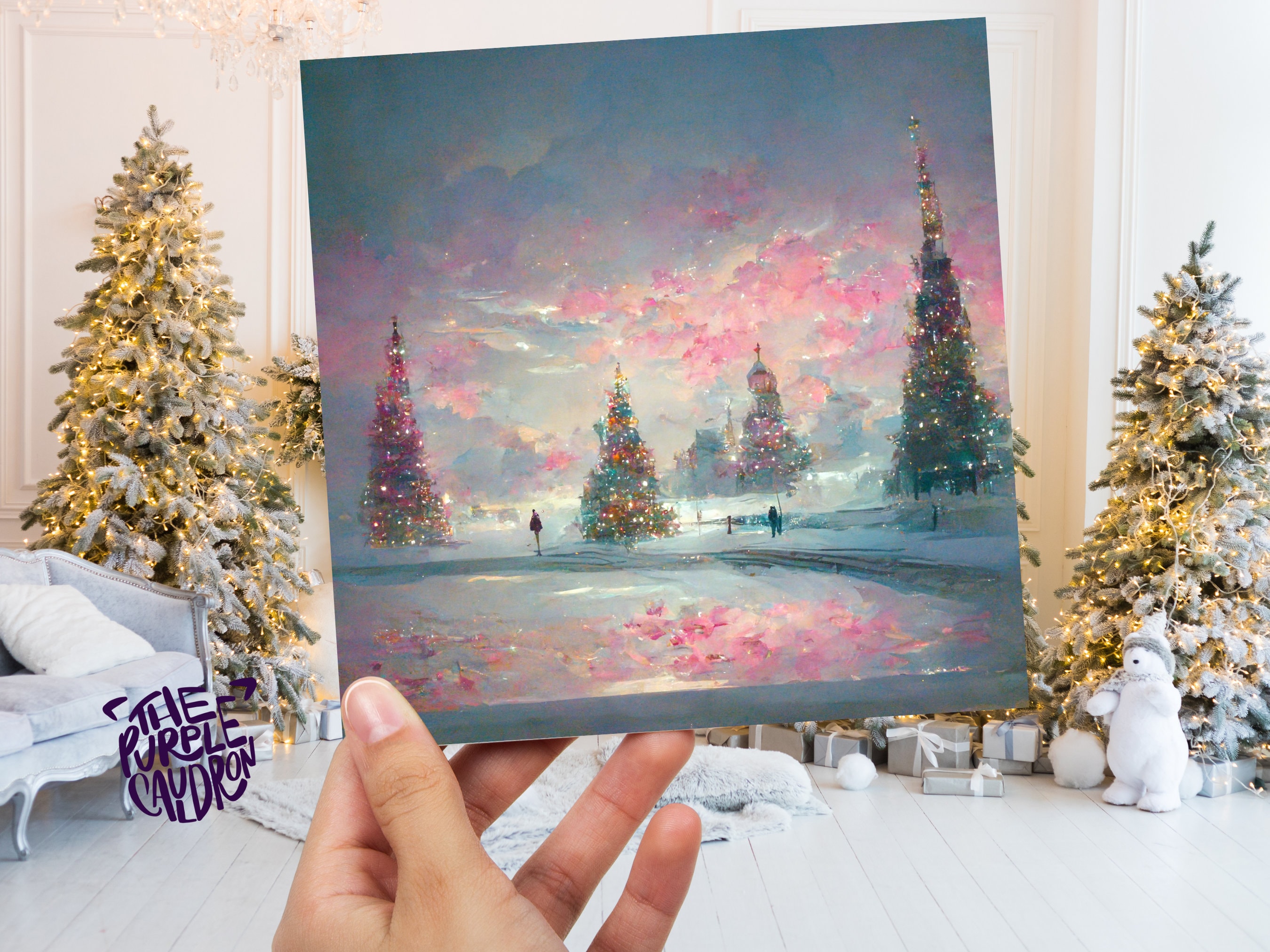 Pastel Christmas Card Winter Scene Impressionist Landscape Snow Shades of Pink, Teal, & Purple 1, 5, or 10 Pack Greetings Friends Xmas 2025 - View 5