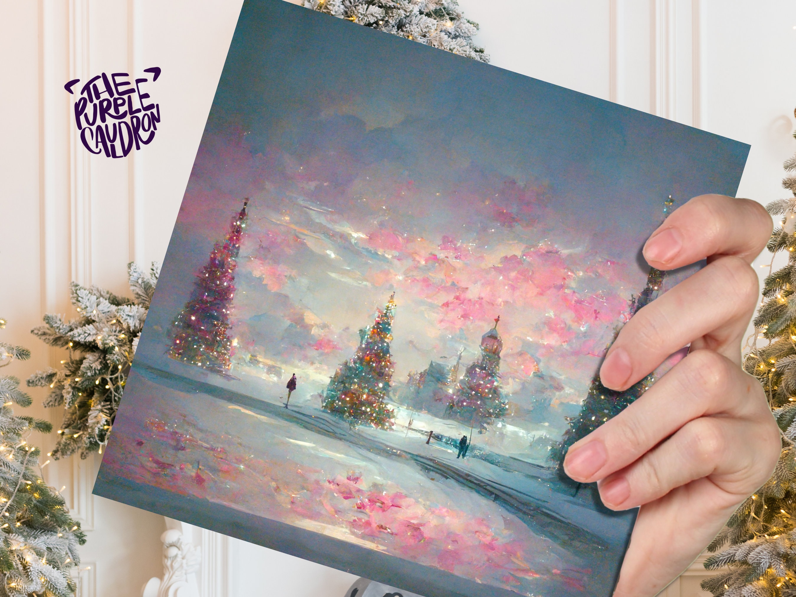 Pastel Christmas Card Winter Scene Impressionist Landscape Snow Shades of Pink, Teal, & Purple 1, 5, or 10 Pack Greetings Friends Xmas 2025 - View 3