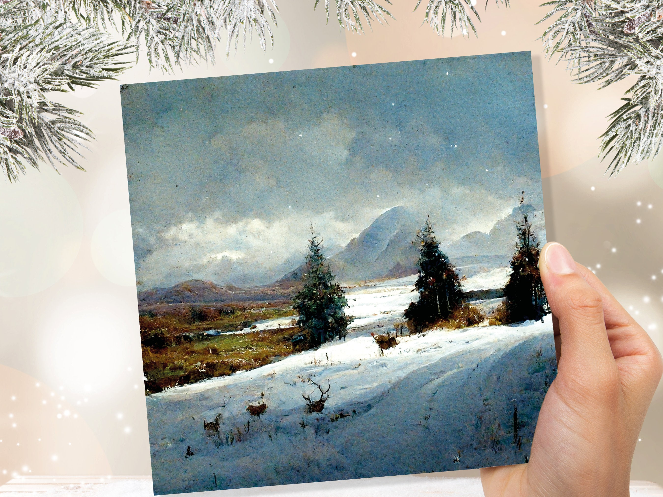Winter Scenery Card with Snowy Scotland Landscape Unique Deer Snow Painting Traditional Greetings Cards Family Friends Xmas 2025 Thank You