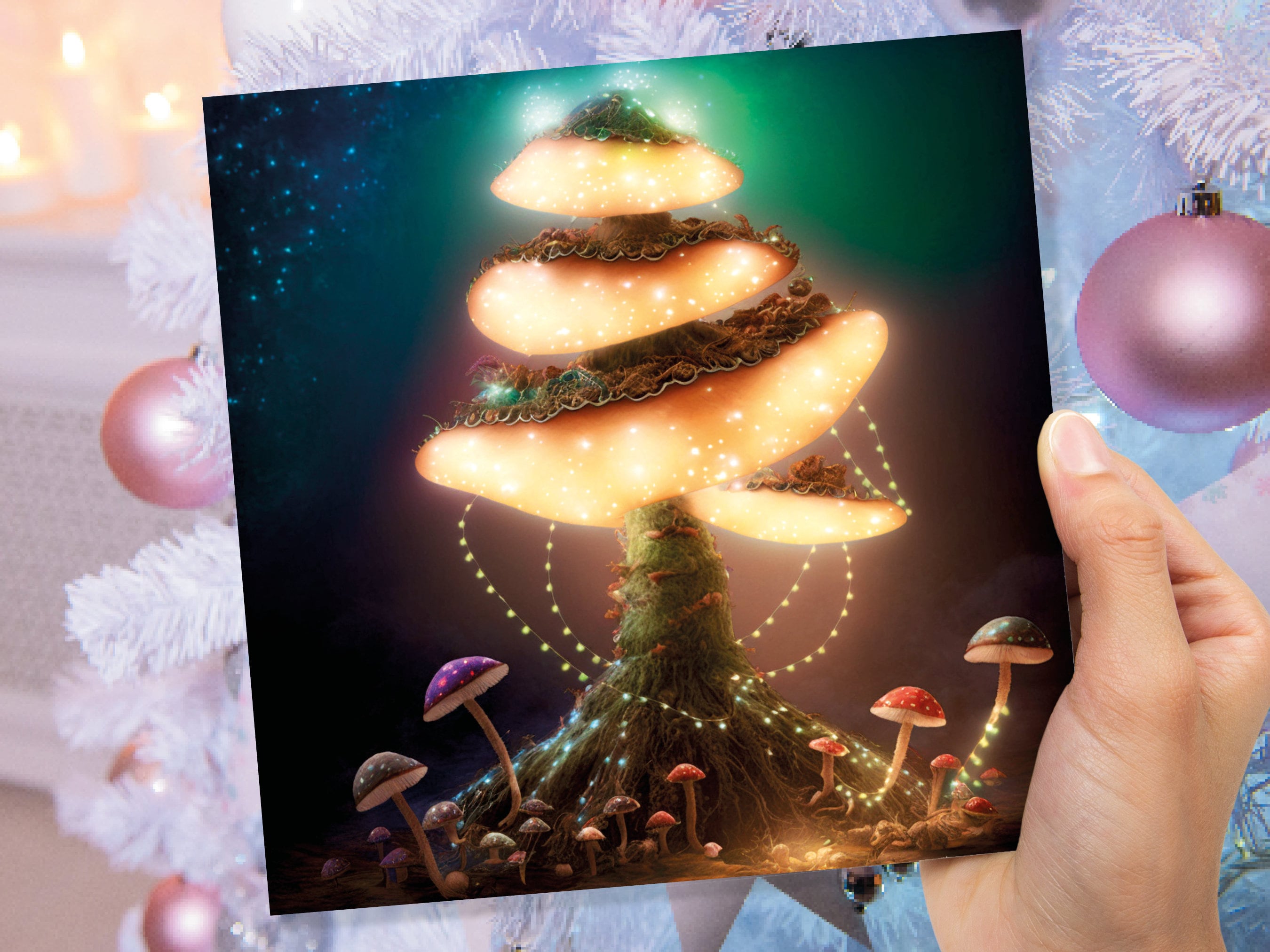 Glowing Mushroom Mystical Greeting Card Teal Golden Magic Glow Fairycore Fairytale Lights Unique Whimsical For Family Friends Xmas 2025 Card - View 3