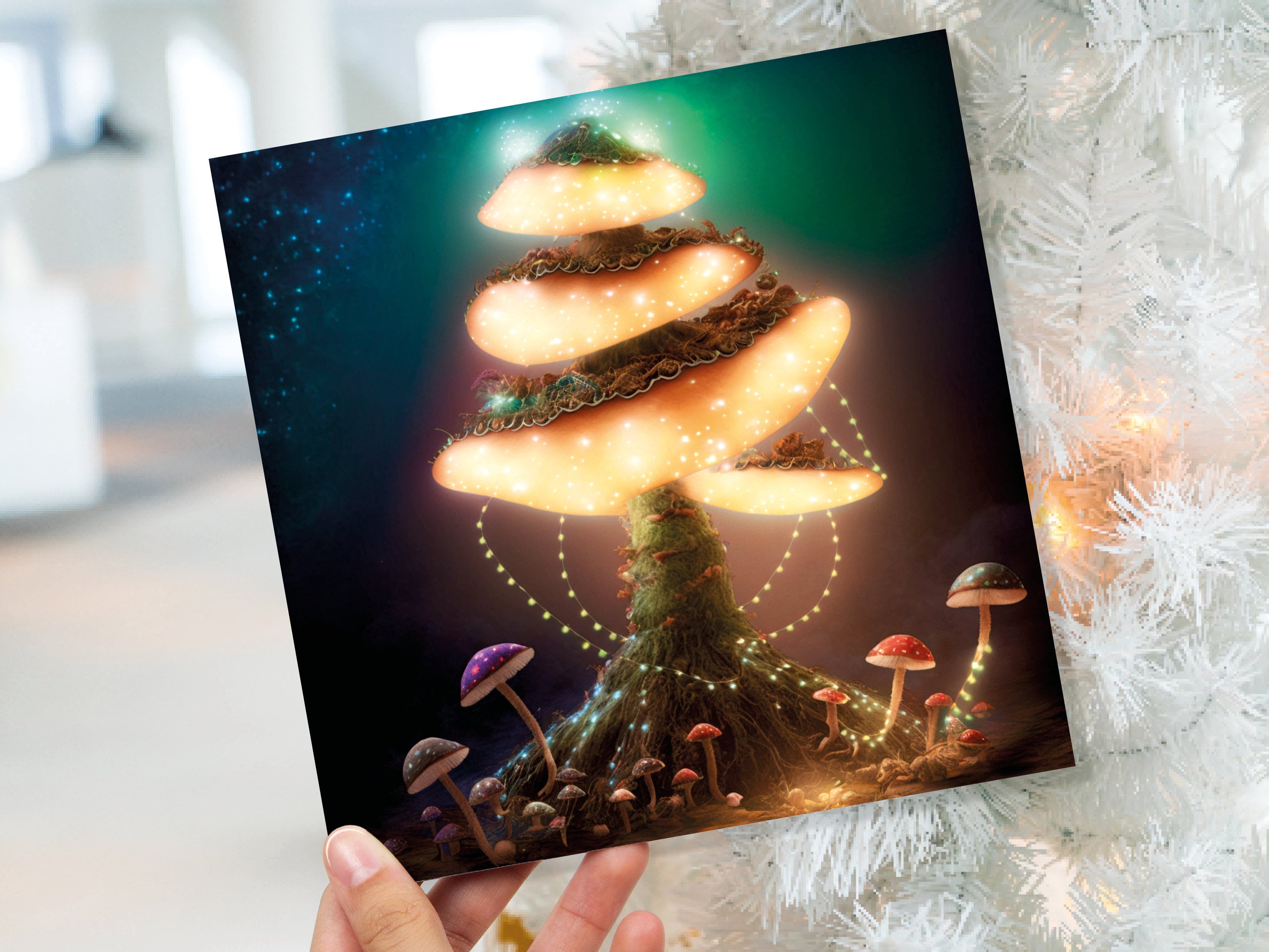 Glowing Mushroom Mystical Greeting Card Teal Golden Magic Glow Fairycore Fairytale Lights Unique Whimsical For Family Friends Xmas 2025 Card - View 2
