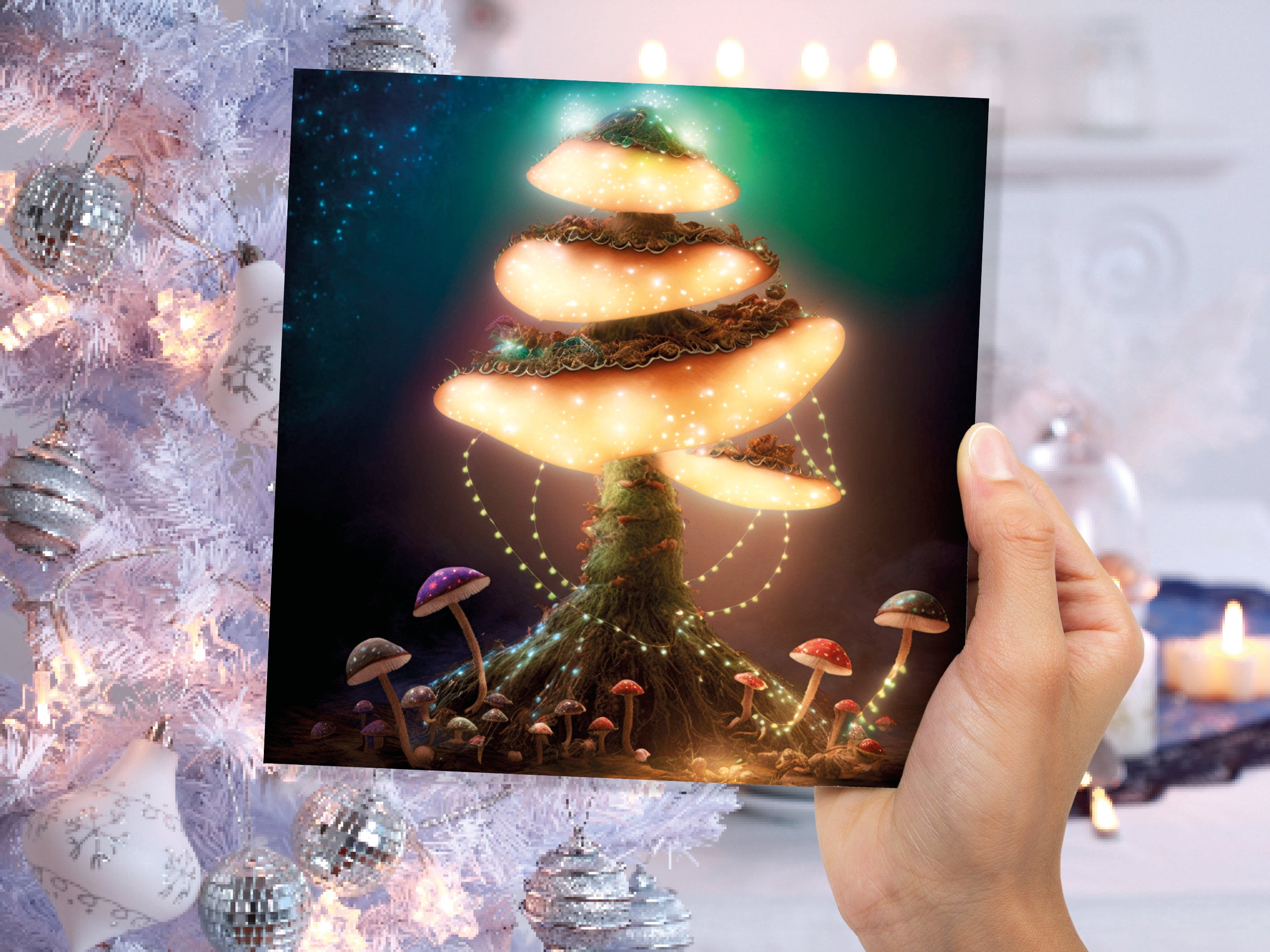 Glowing Mushroom Mystical Greeting Card Teal Golden Magic Glow Fairycore Fairytale Lights Unique Whimsical For Family Friends Xmas 2025 Card - View 7