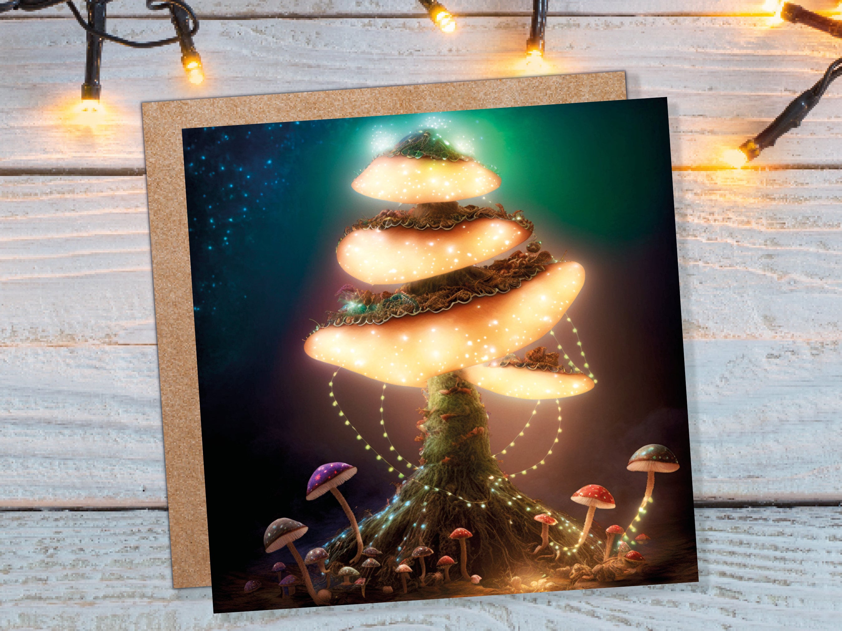 Glowing Mushroom Mystical Greeting Card Teal Golden Magic Glow Fairycore Fairytale Lights Unique Whimsical For Family Friends Xmas 2025 Card - View 9