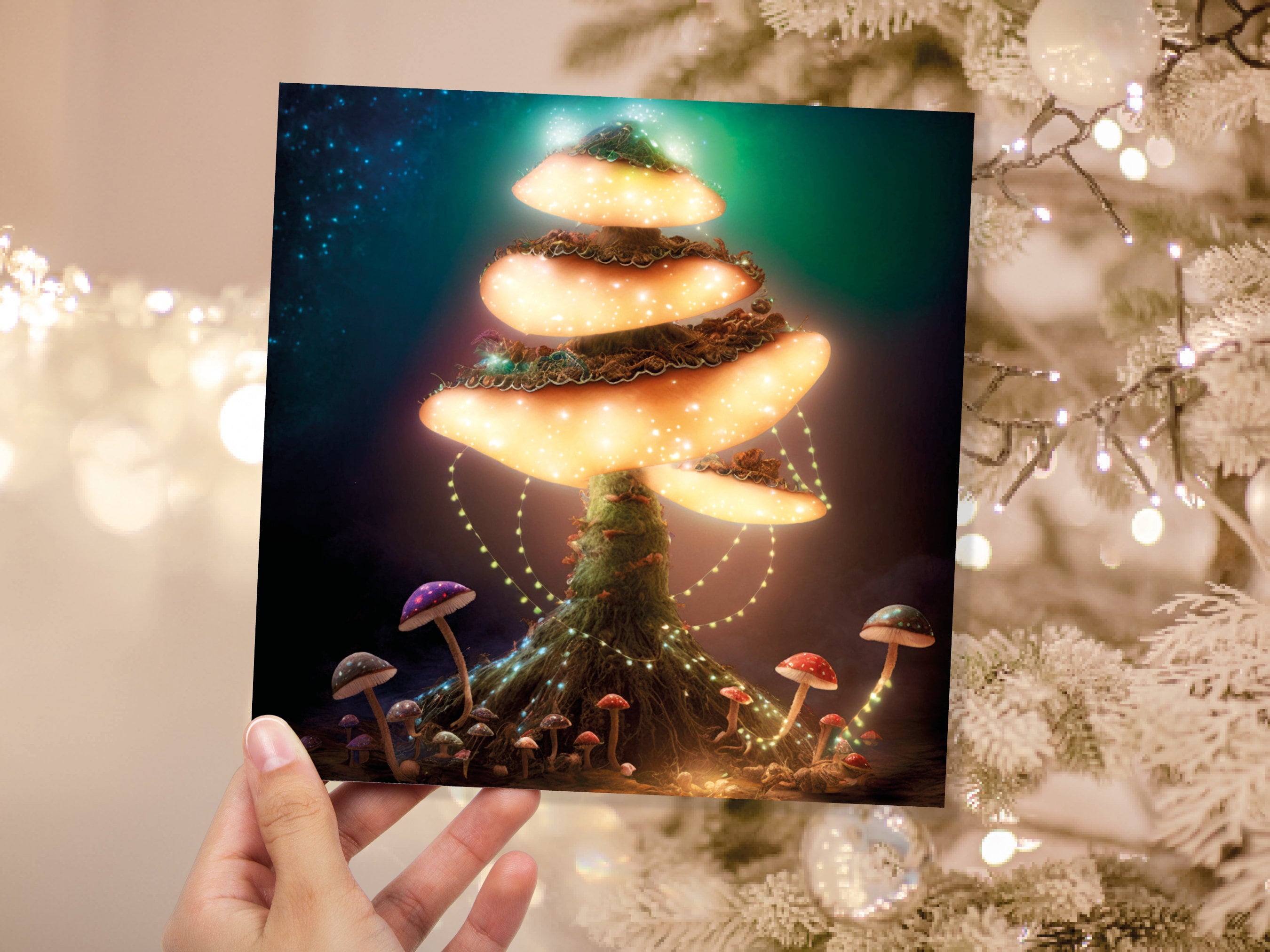 Glowing Mushroom Mystical Greeting Card Teal Golden Magic Glow Fairycore Fairytale Lights Unique Whimsical For Family Friends Xmas 2025 Card - View 8