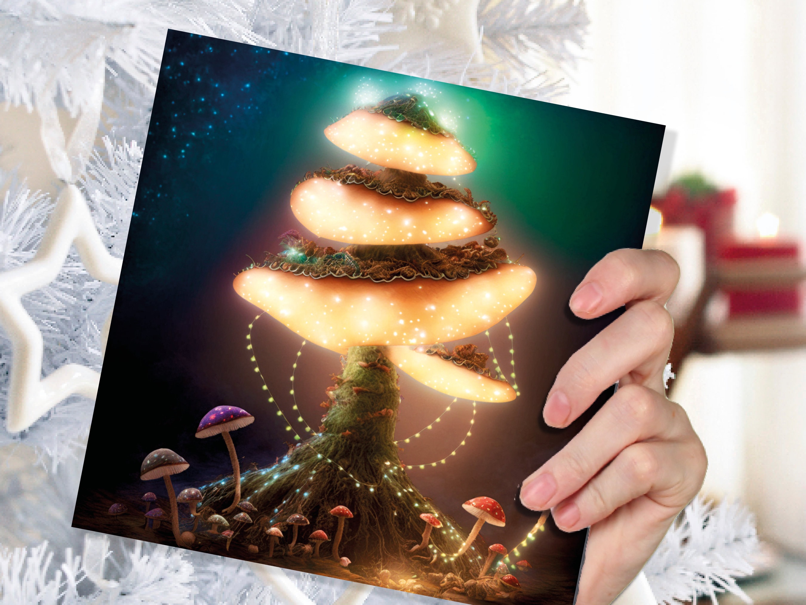 Glowing Mushroom Mystical Greeting Card Teal Golden Magic Glow Fairycore Fairytale Lights Unique Whimsical For Family Friends Xmas 2025 Card - View 4