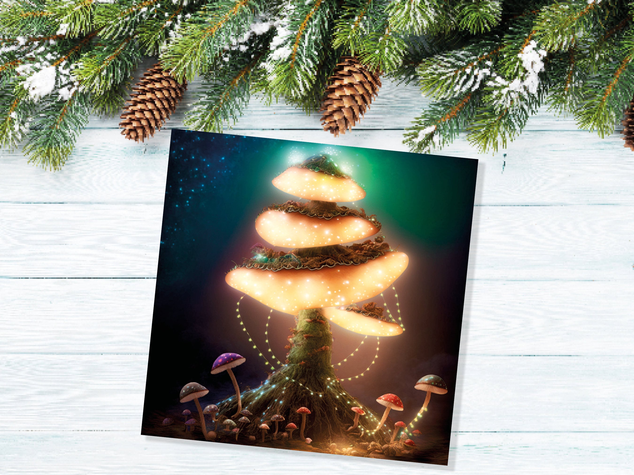 Glowing Mushroom Mystical Greeting Card Teal Golden Magic Glow Fairycore Fairytale Lights Unique Whimsical For Family Friends Xmas 2025 Card - View 6