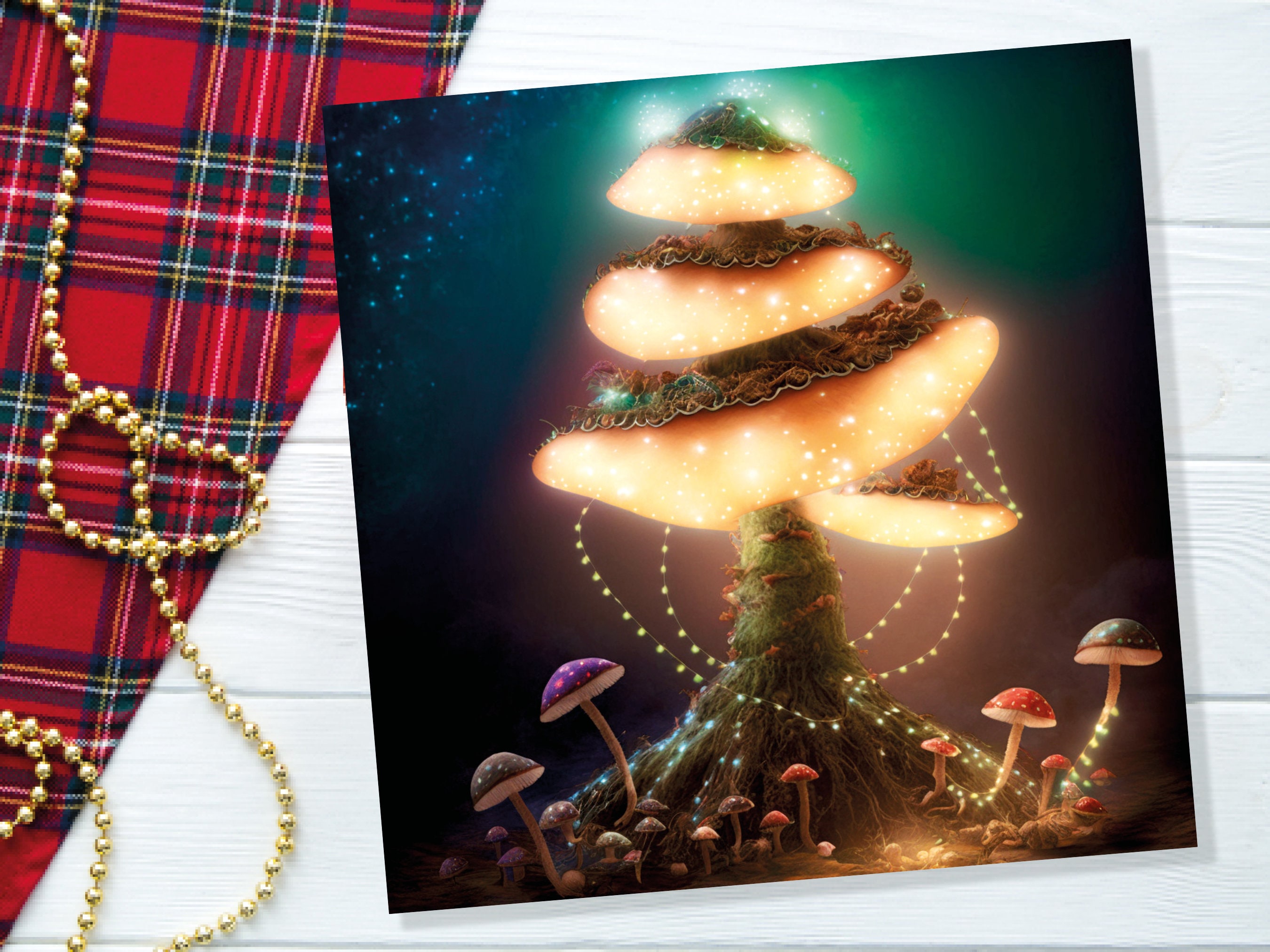 Glowing Mushroom Mystical Greeting Card Teal Golden Magic Glow Fairycore Fairytale Lights Unique Whimsical For Family Friends Xmas 2025 Card - View 5