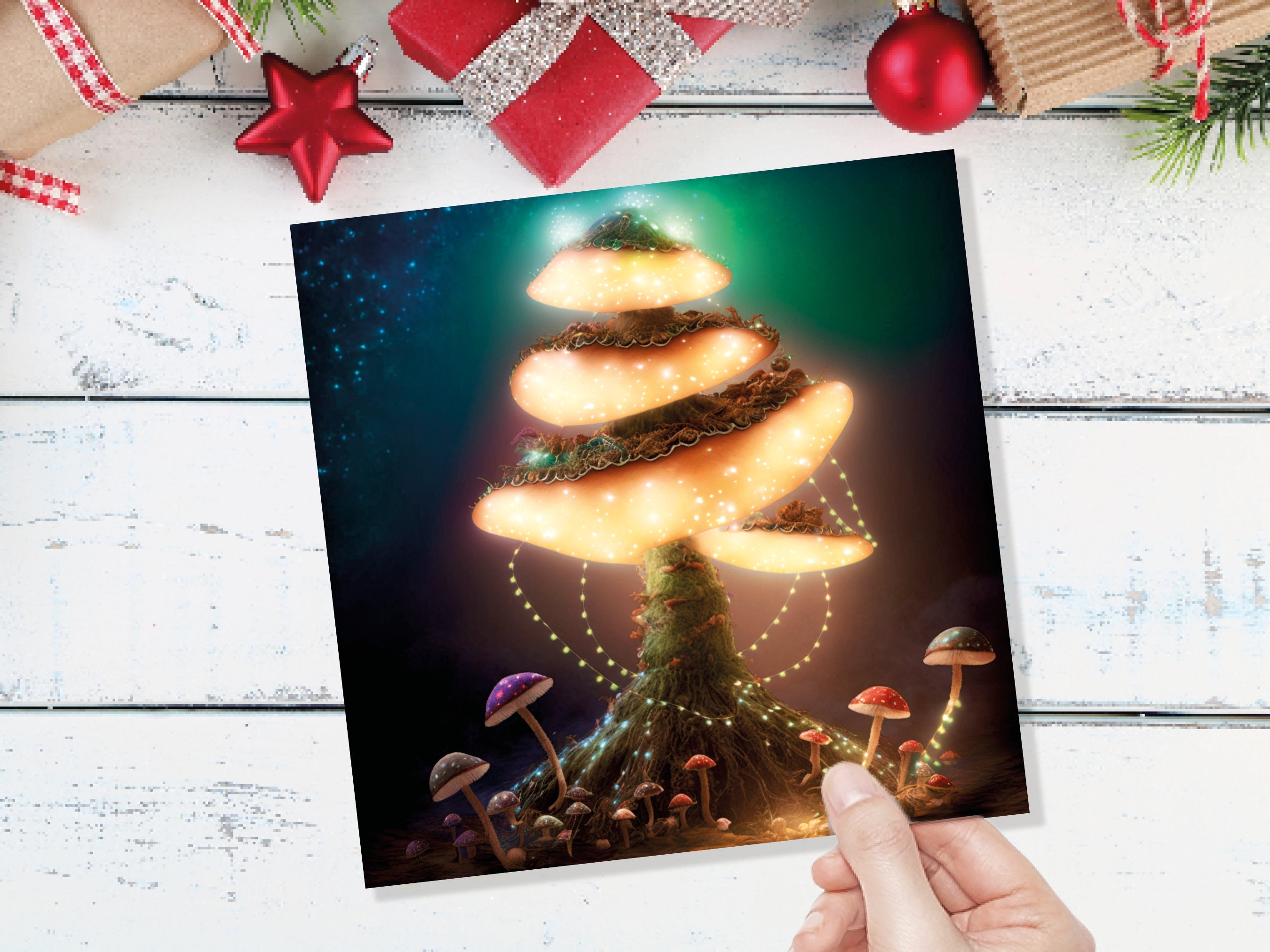 Glowing Mushroom Mystical Greeting Card Teal Golden Magic Glow Fairycore Fairytale Lights Unique Whimsical For Family Friends Xmas 2025 Card