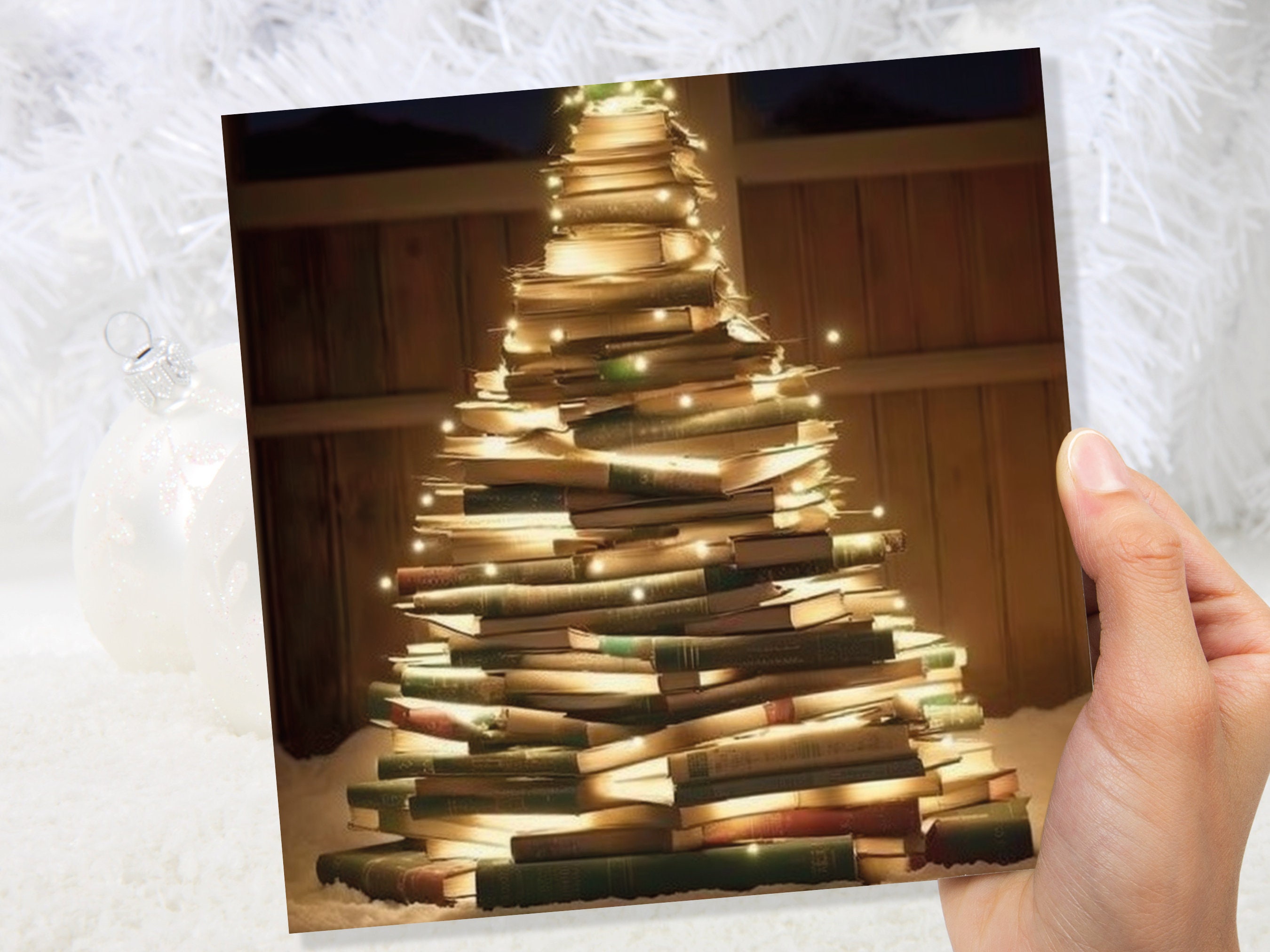Bookworms Christmas Tree Card for Librarians Book Clubs Library Readers Fairy Lights Stack of Books Greetings For Family Friends Xmas 2025 - View 9