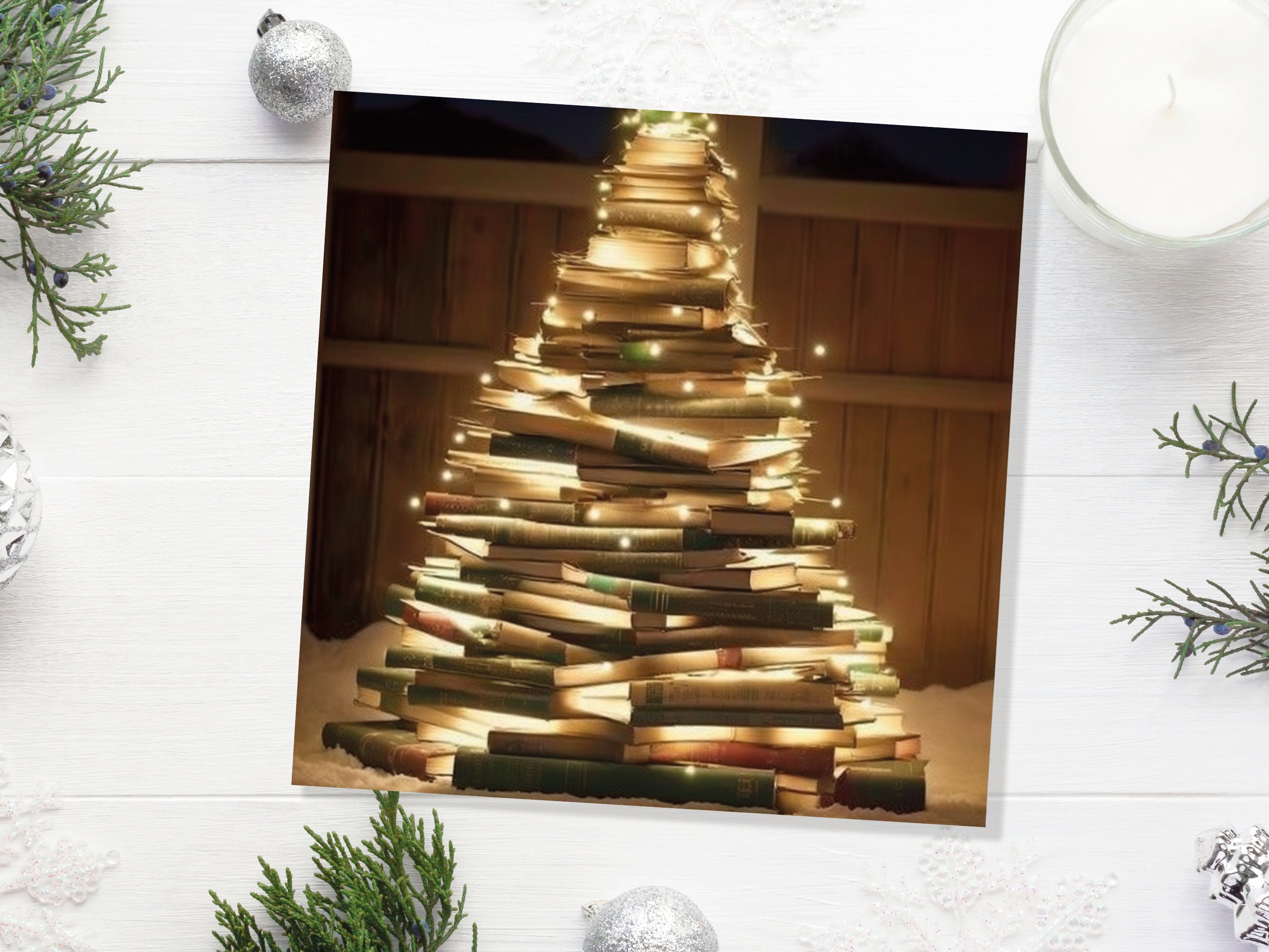 Bookworms Christmas Tree Card for Librarians Book Clubs Library Readers Fairy Lights Stack of Books Greetings For Family Friends Xmas 2025 - View 8