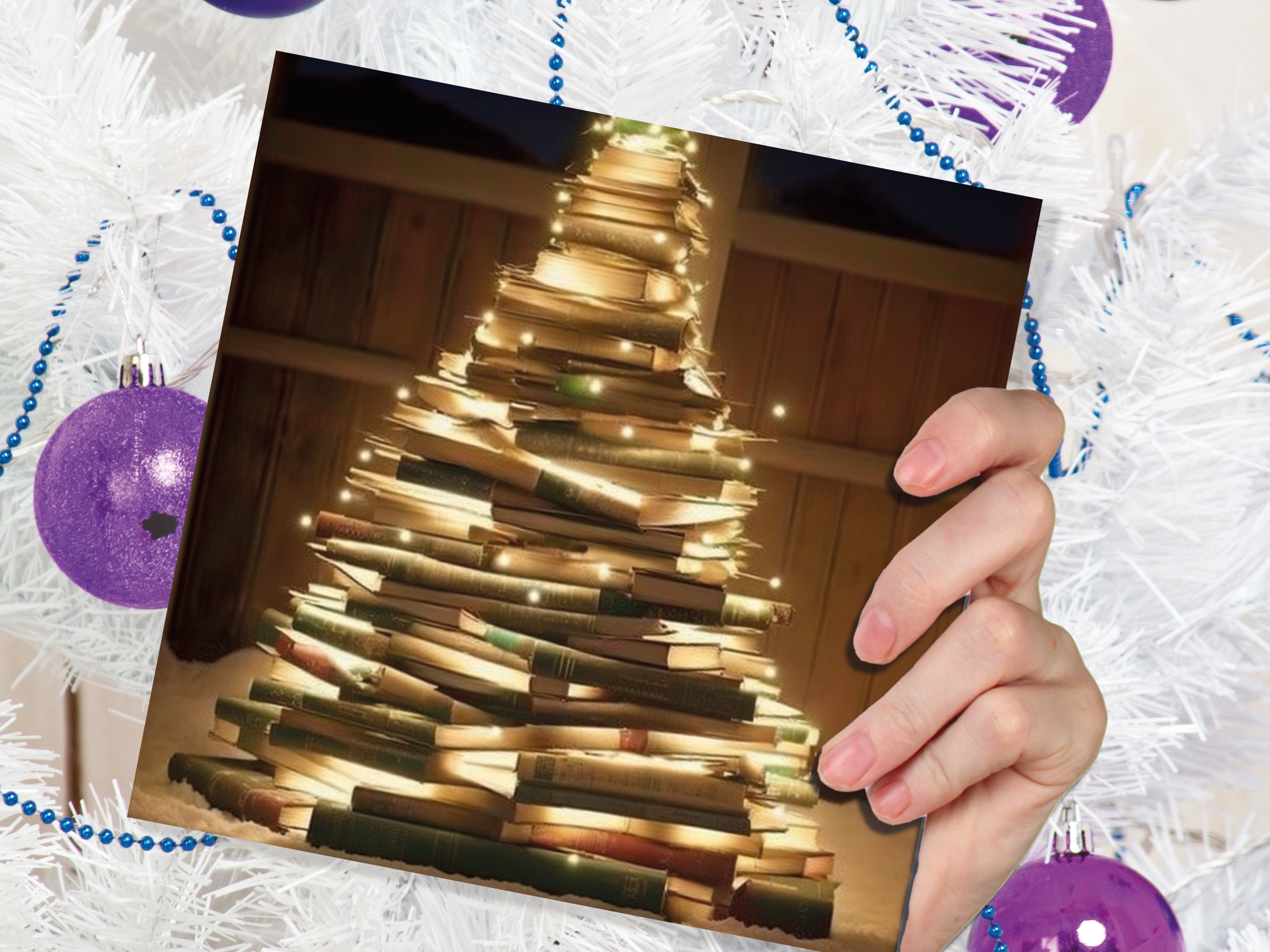 Bookworms Christmas Tree Card for Librarians Book Clubs Library Readers Fairy Lights Stack of Books Greetings For Family Friends Xmas 2025 - View 5