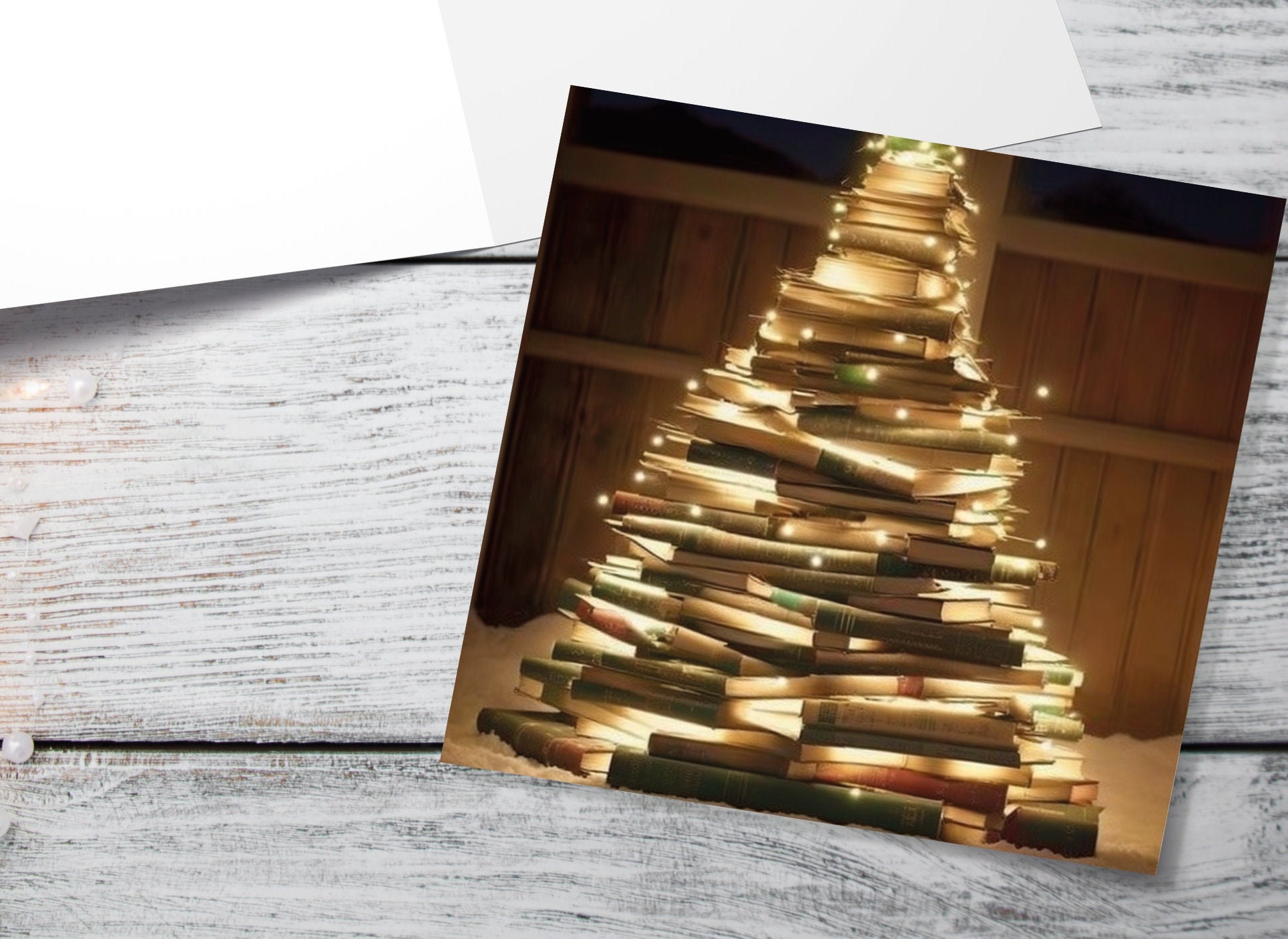 Bookworms Christmas Tree Card for Librarians Book Clubs Library Readers Fairy Lights Stack of Books Greetings For Family Friends Xmas 2025 - View 2