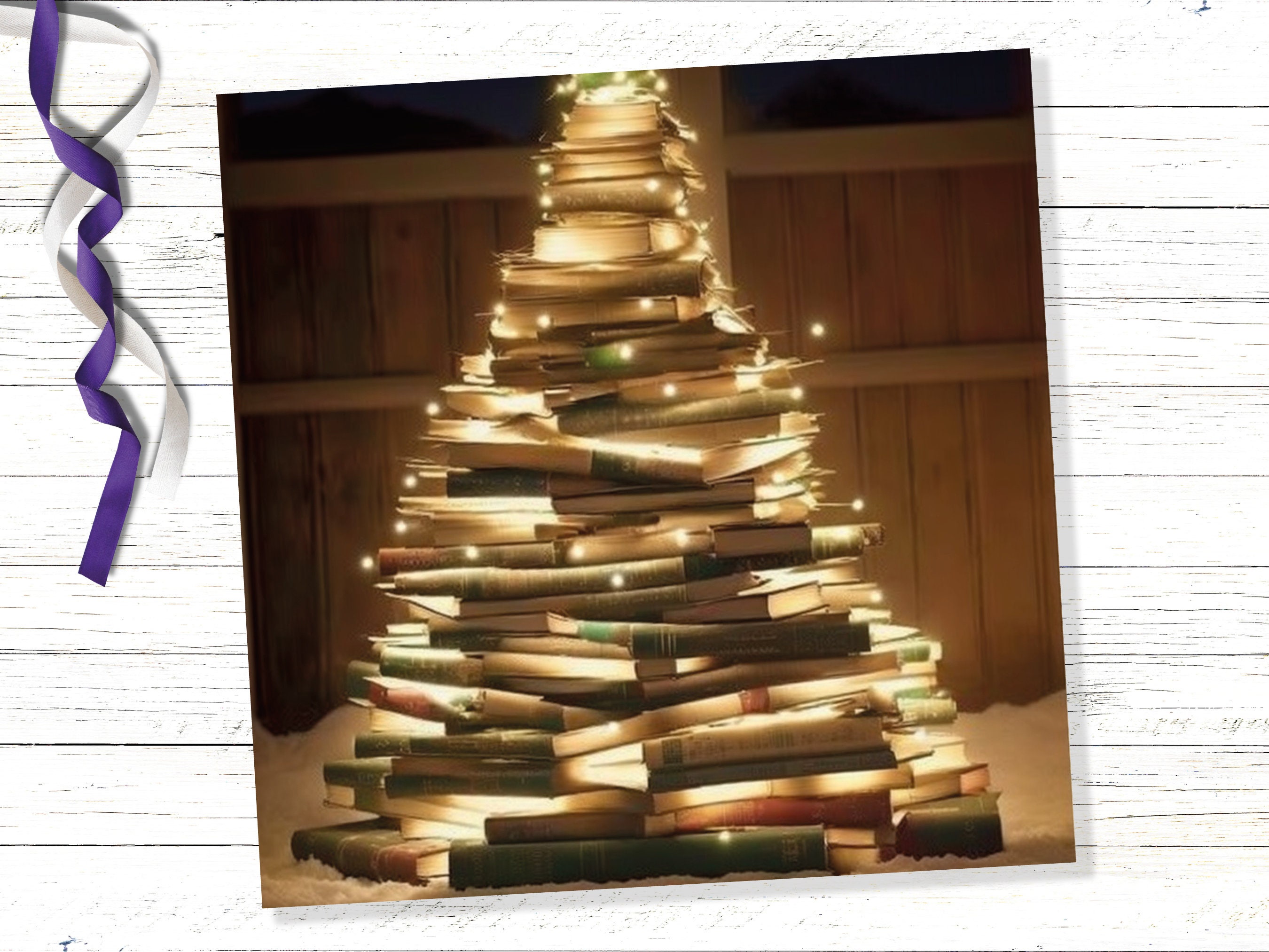 Bookworms Christmas Tree Card for Librarians Book Clubs Library Readers Fairy Lights Stack of Books Greetings For Family Friends Xmas 2025 - View 6