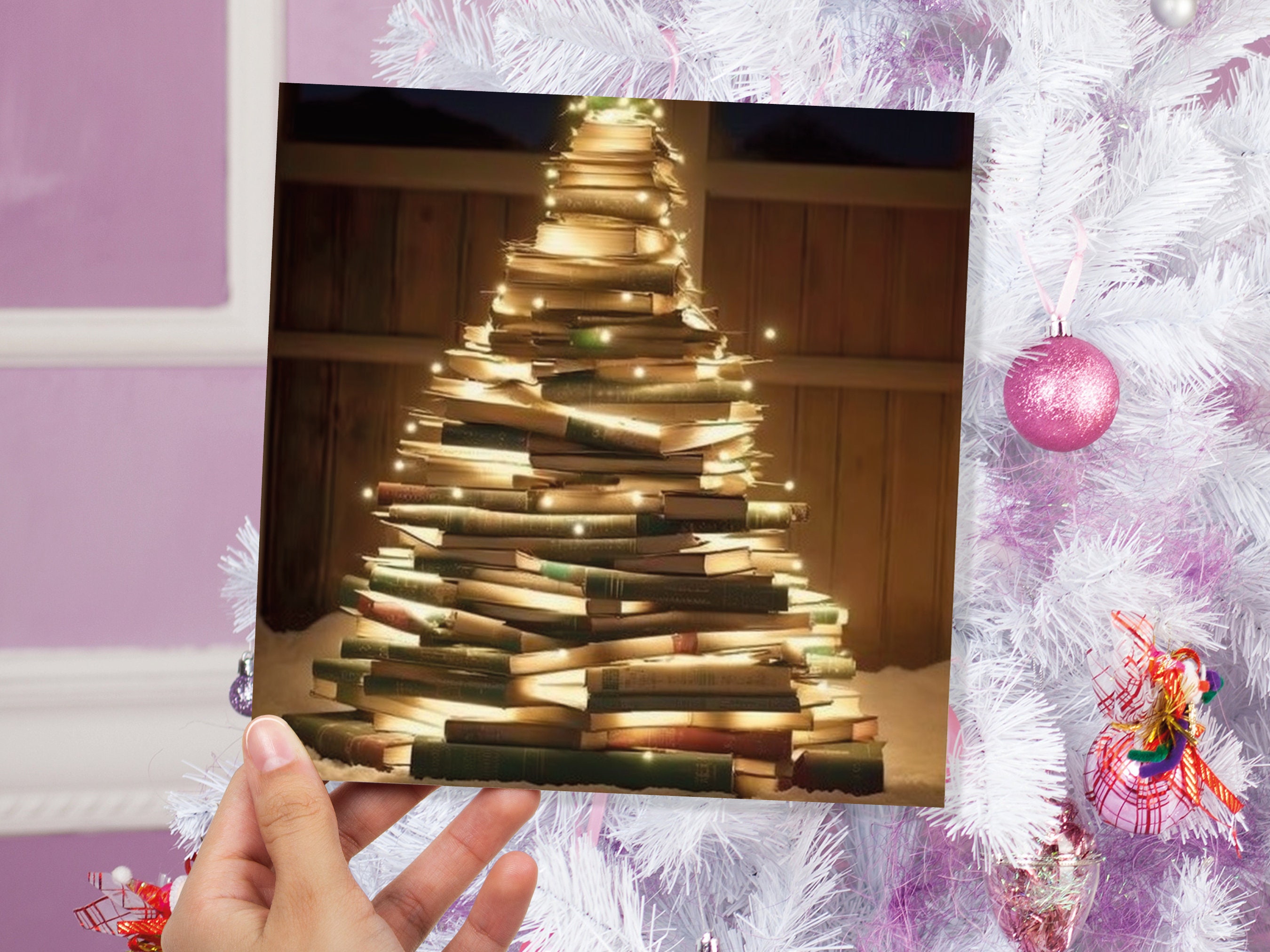 Bookworms Christmas Tree Card for Librarians Book Clubs Library Readers Fairy Lights Stack of Books Greetings For Family Friends Xmas 2025 - View 4