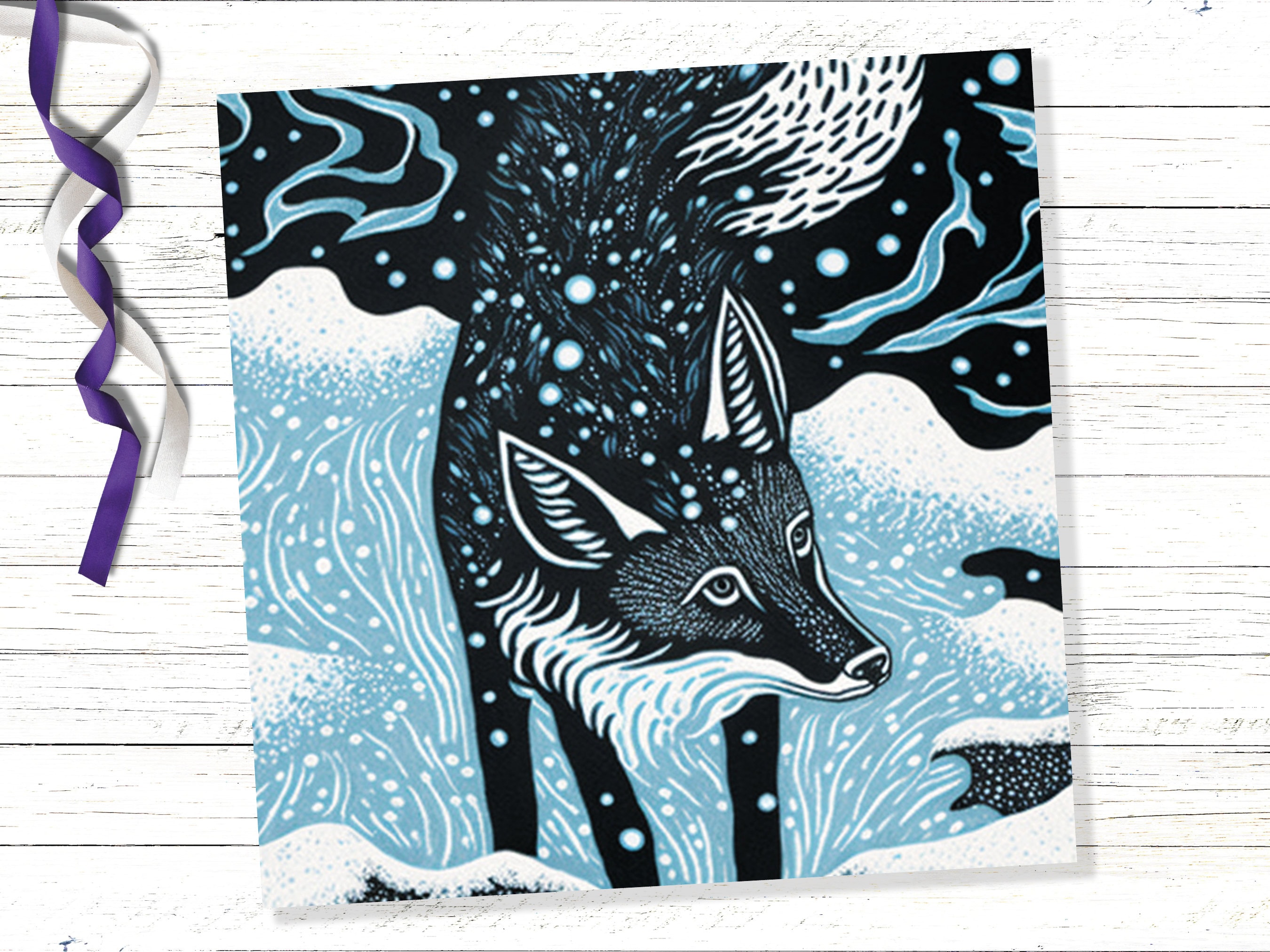Linocut Fox Card Winter Snowy Woodland Illustration Blue White Black Landscape Snow Scene Greetings For Family Friends Xmas 2025 Thank You - View 8