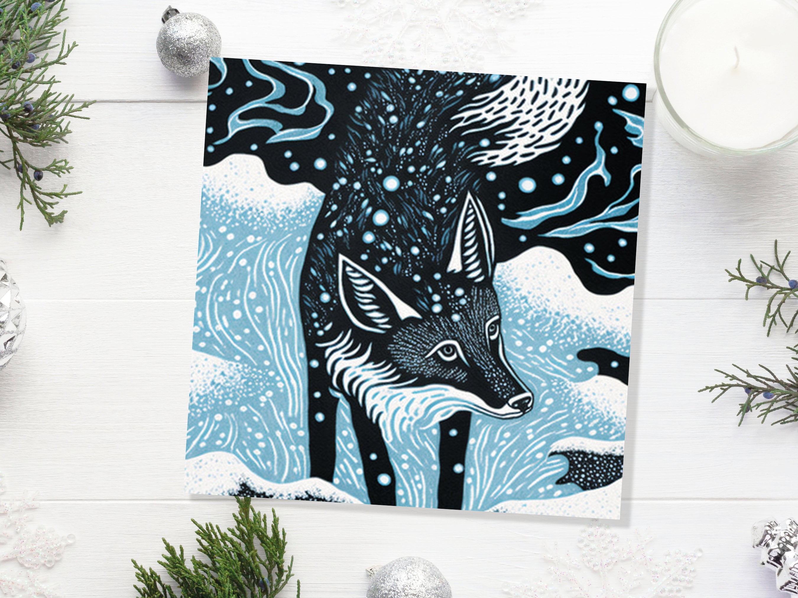 Linocut Fox Card Winter Snowy Woodland Illustration Blue White Black Landscape Snow Scene Greetings For Family Friends Xmas 2025 Thank You - View 9