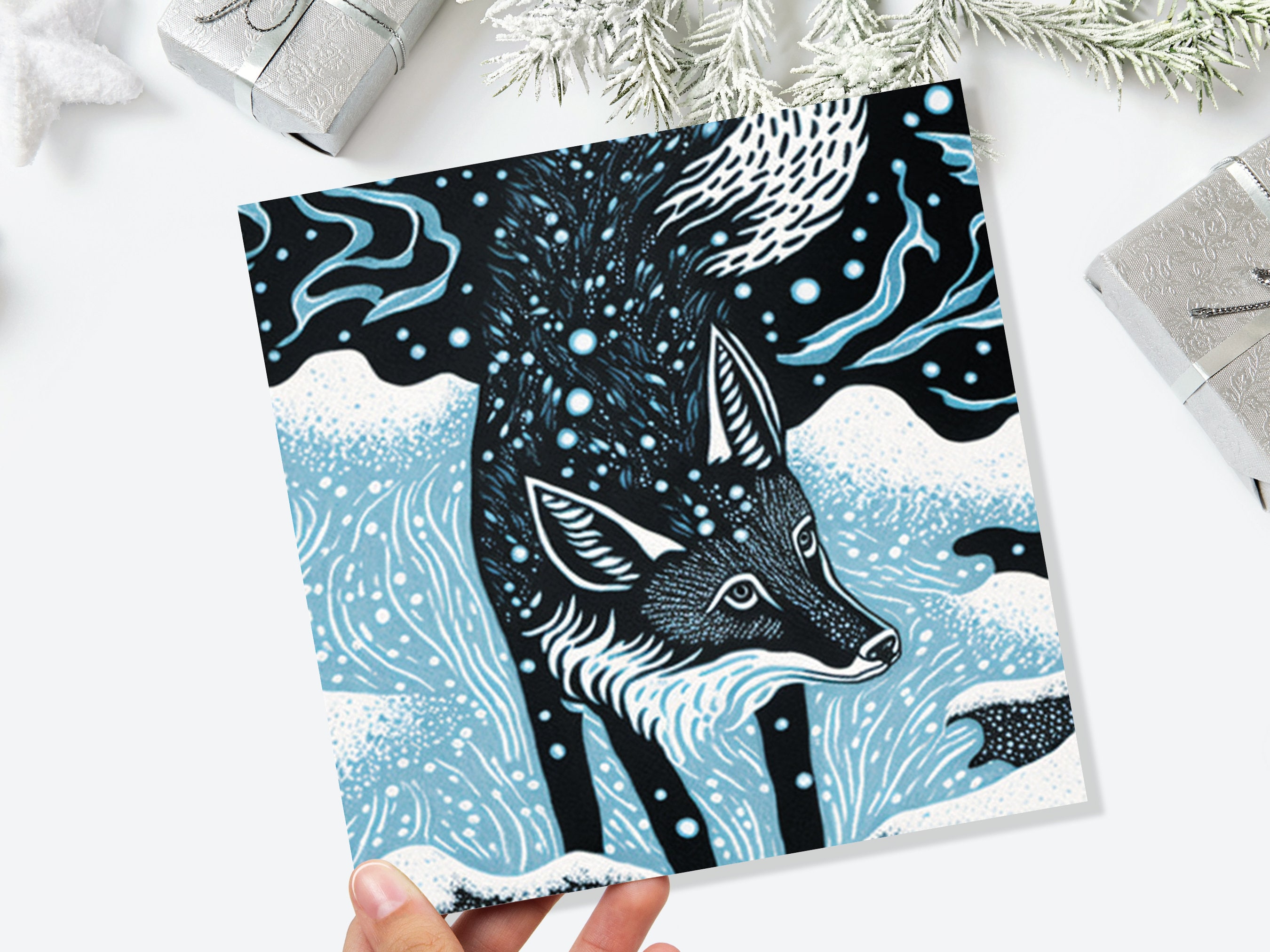 Linocut Fox Card Winter Snowy Woodland Illustration Blue White Black Landscape Snow Scene Greetings For Family Friends Xmas 2025 Thank You - View 2