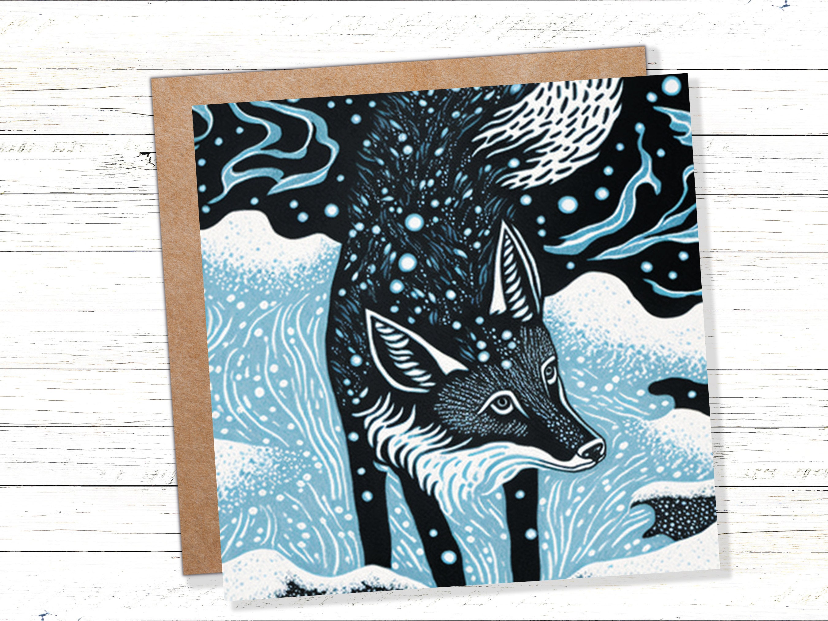 Linocut Fox Card Winter Snowy Woodland Illustration Blue White Black Landscape Snow Scene Greetings For Family Friends Xmas 2025 Thank You - View 4