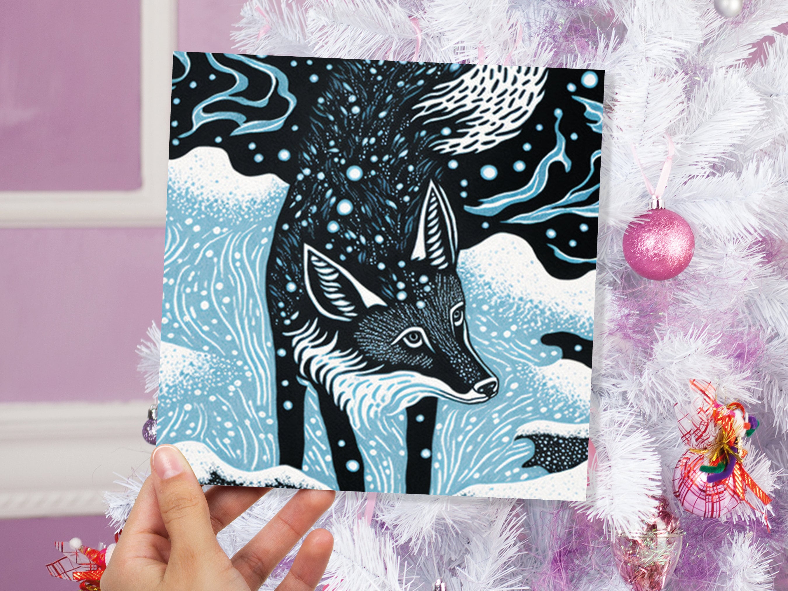Linocut Fox Card Winter Snowy Woodland Illustration Blue White Black Landscape Snow Scene Greetings For Family Friends Xmas 2025 Thank You - View 3