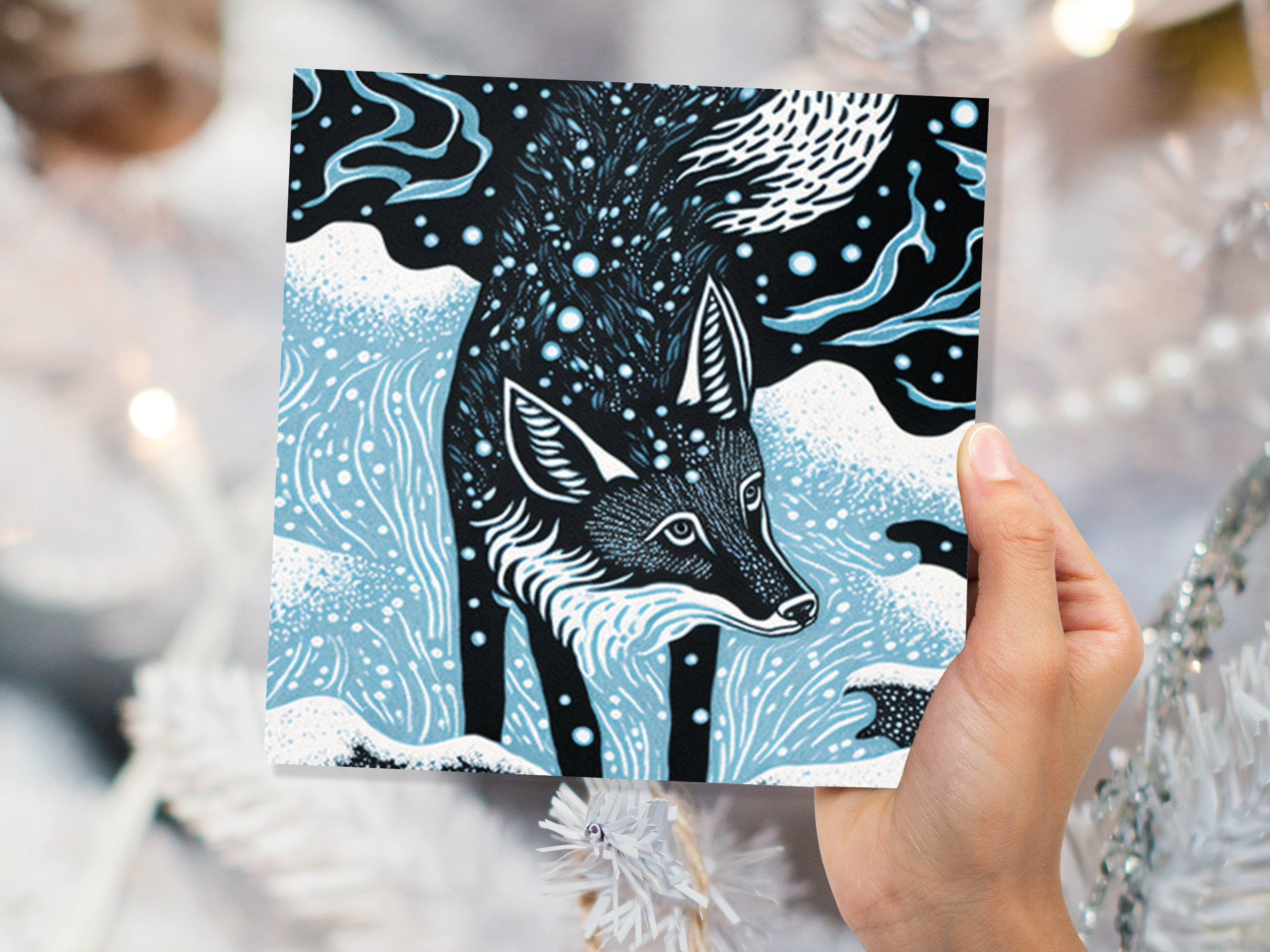 Linocut Fox Card Winter Snowy Woodland Illustration Blue White Black Landscape Snow Scene Greetings For Family Friends Xmas 2025 Thank You - View 5