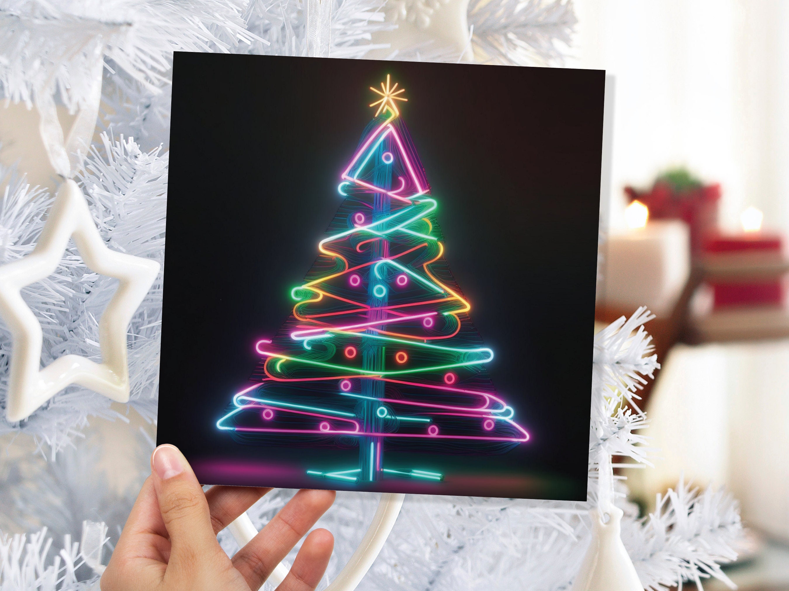 Neon Christmas Tree Card Glowing Lights Tube Lighting Y2K Bright Colours Colourful Rainbow Unique Modern Cards For Family Friends Xmas 2025 - View 2