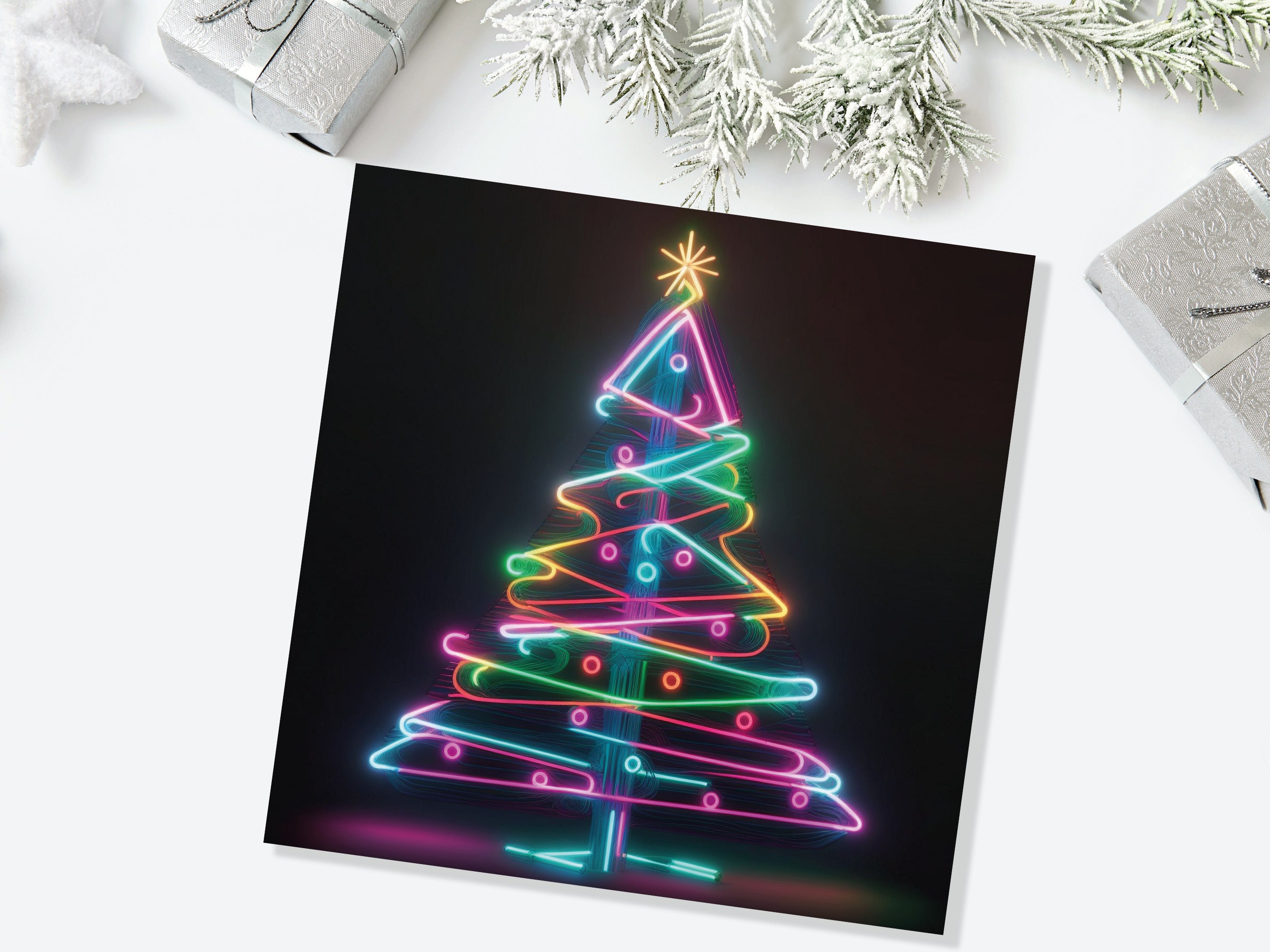 Neon Christmas Tree Card Glowing Lights Tube Lighting Y2K Bright Colours Colourful Rainbow Unique Modern Cards For Family Friends Xmas 2025 - View 6