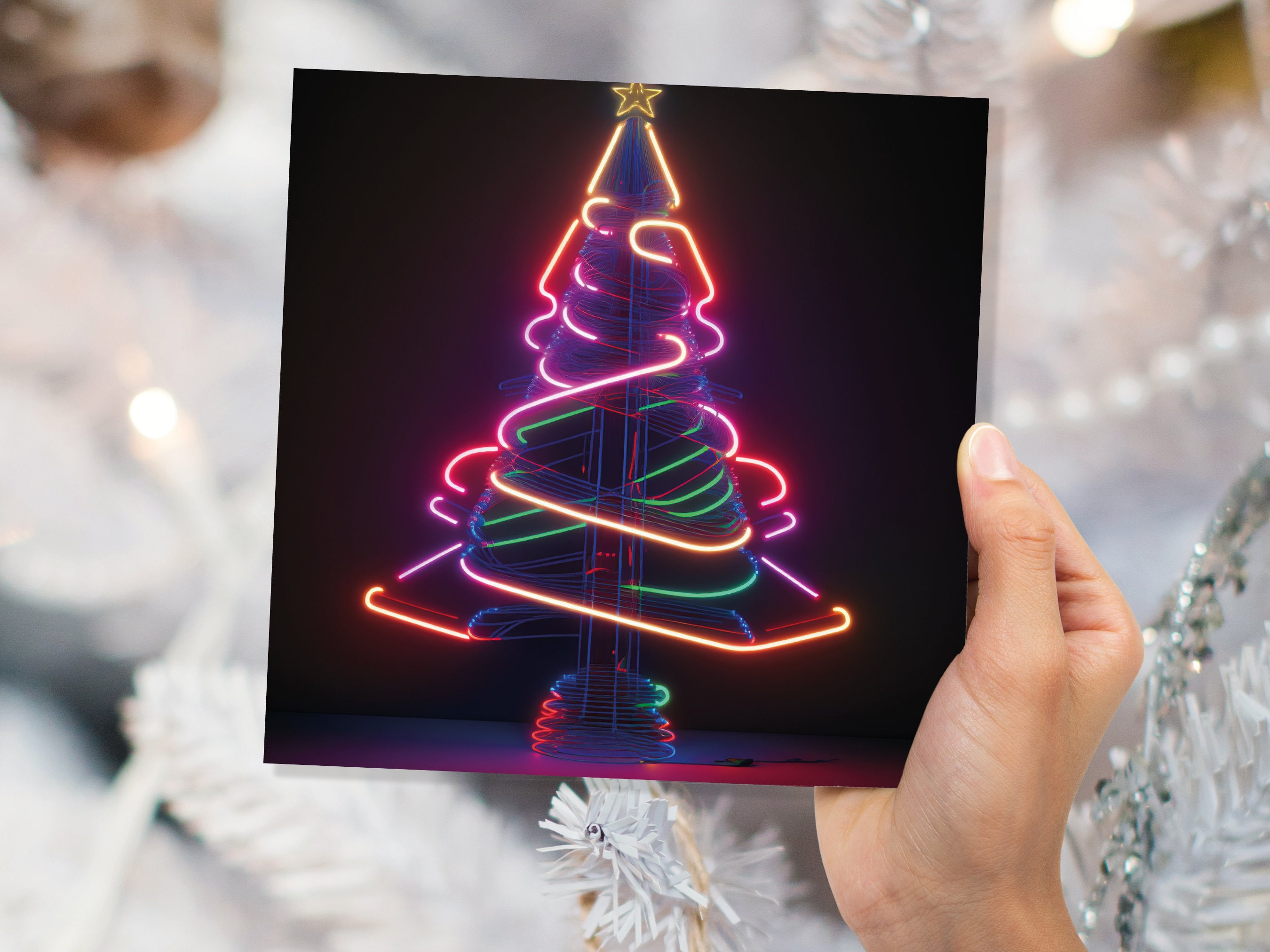 Neon Christmas Card Tree 80s Glowing Lights Tube Lighting Y2K Bright Colours Colourful Unusual Fun Modern Cards For Family Friends Xmas 2025 - View 3