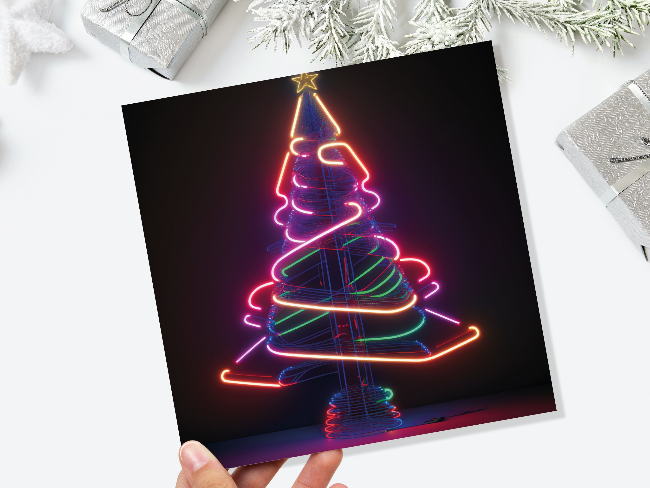 Neon Christmas Card Tree 80s Glowing Lights Tube Lighting Y2K Bright Colours Colourful Unusual Fun Modern Cards For Family Friends Xmas 2025 - View 9