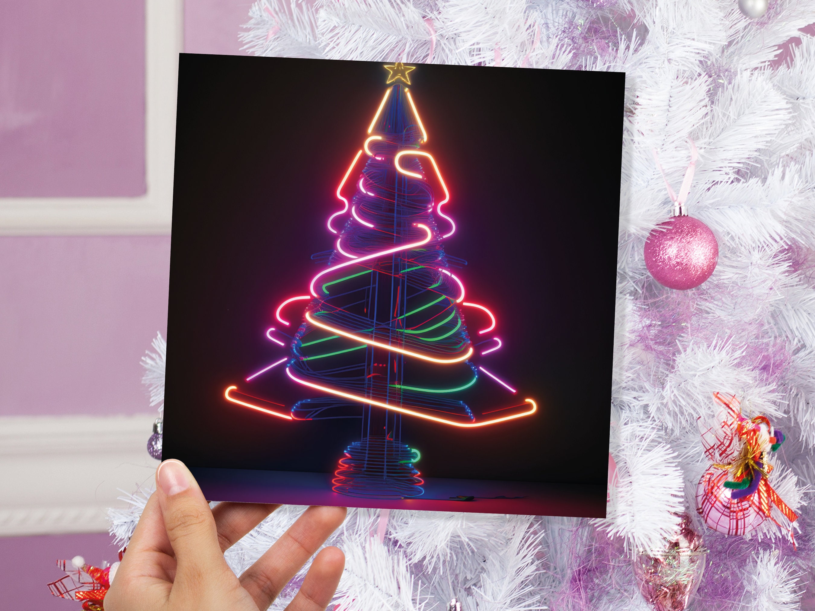 Neon Christmas Card Tree 80s Glowing Lights Tube Lighting Y2K Bright Colours Colourful Unusual Fun Modern Cards For Family Friends Xmas 2025 - View 2