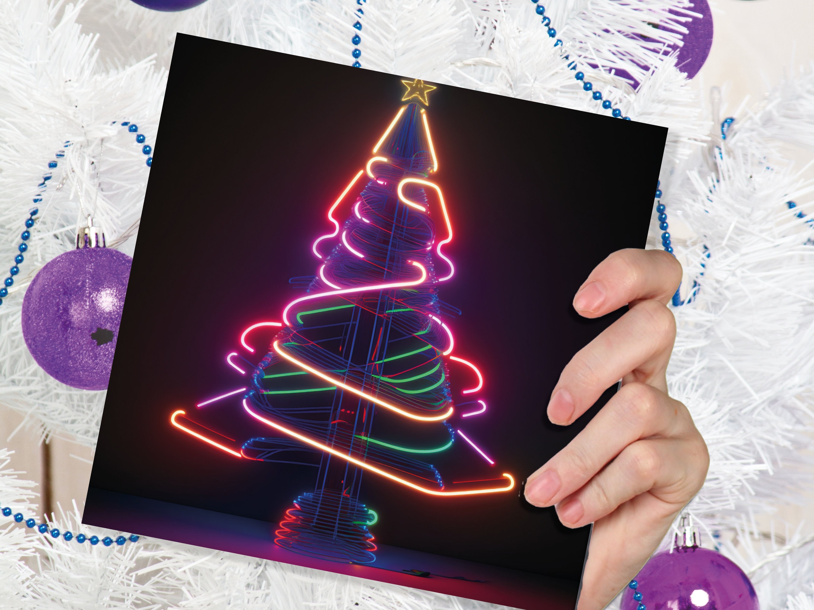 Neon Christmas Card Tree 80s Glowing Lights Tube Lighting Y2K Bright Colours Colourful Unusual Fun Modern Cards For Family Friends Xmas 2025 - View 4