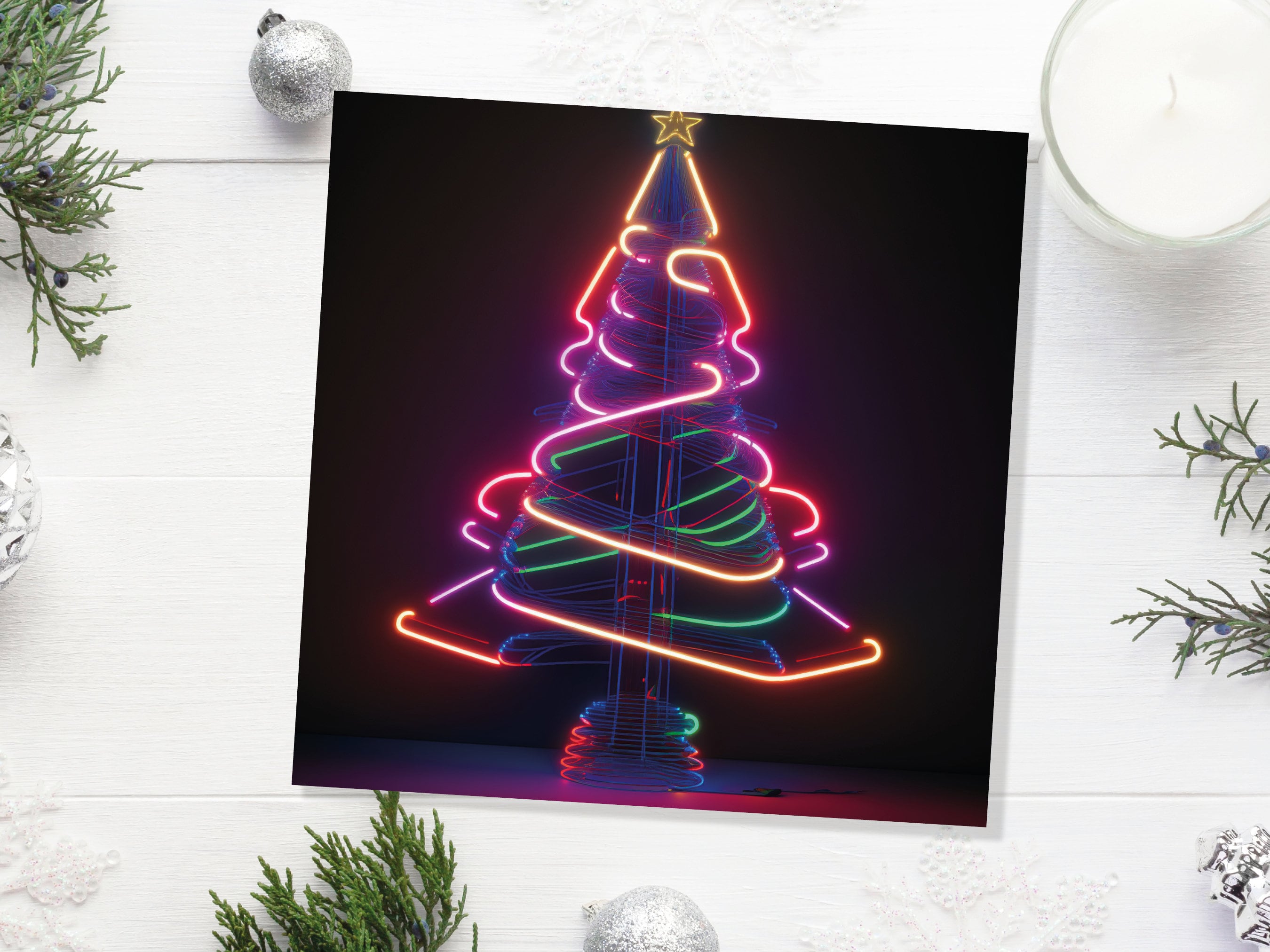 Neon Christmas Card Tree 80s Glowing Lights Tube Lighting Y2K Bright Colours Colourful Unusual Fun Modern Cards For Family Friends Xmas 2025 - View 7