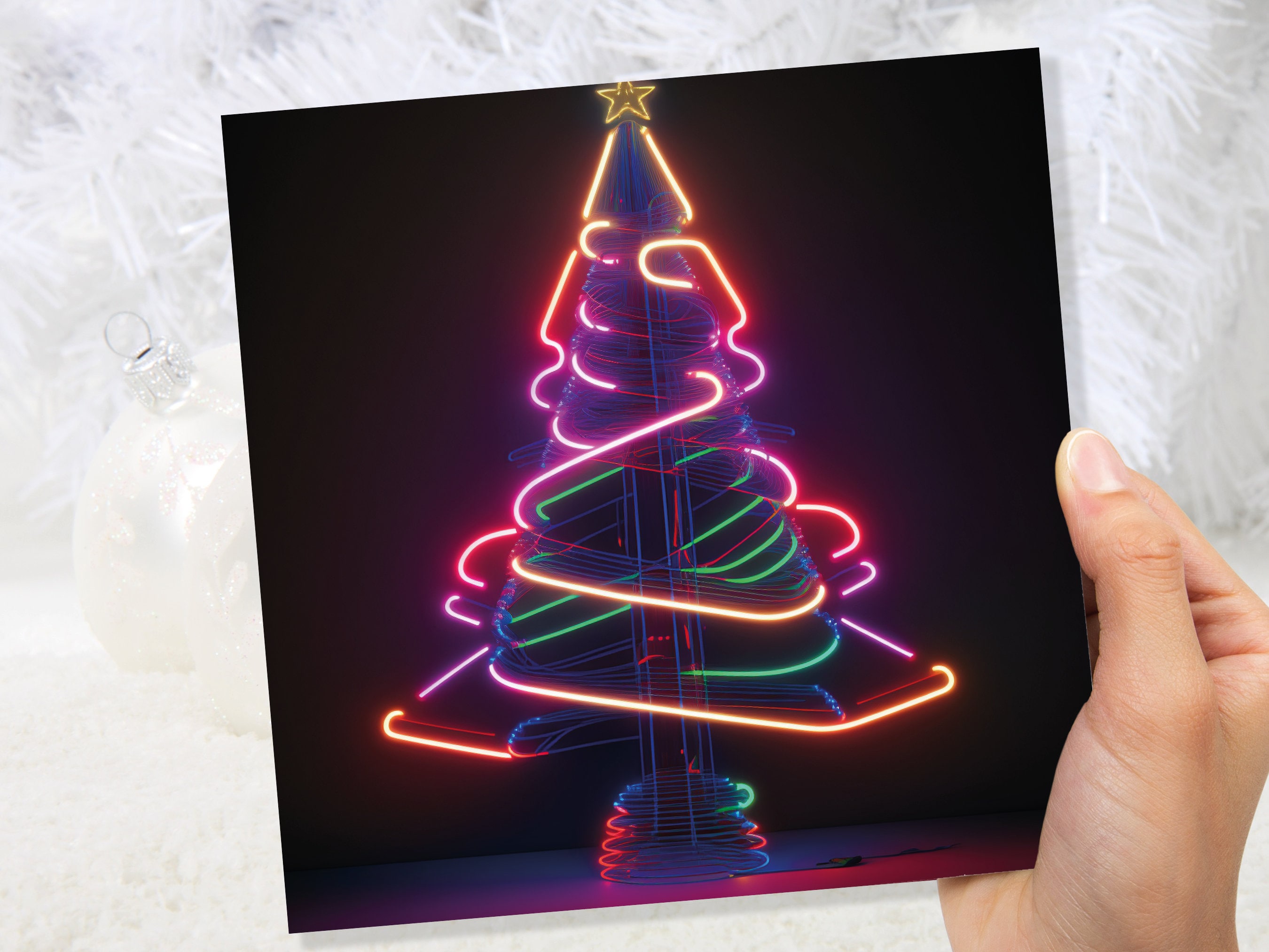 Neon Christmas Card Tree 80s Glowing Lights Tube Lighting Y2K Bright Colours Colourful Unusual Fun Modern Cards For Family Friends Xmas 2025 - View 8