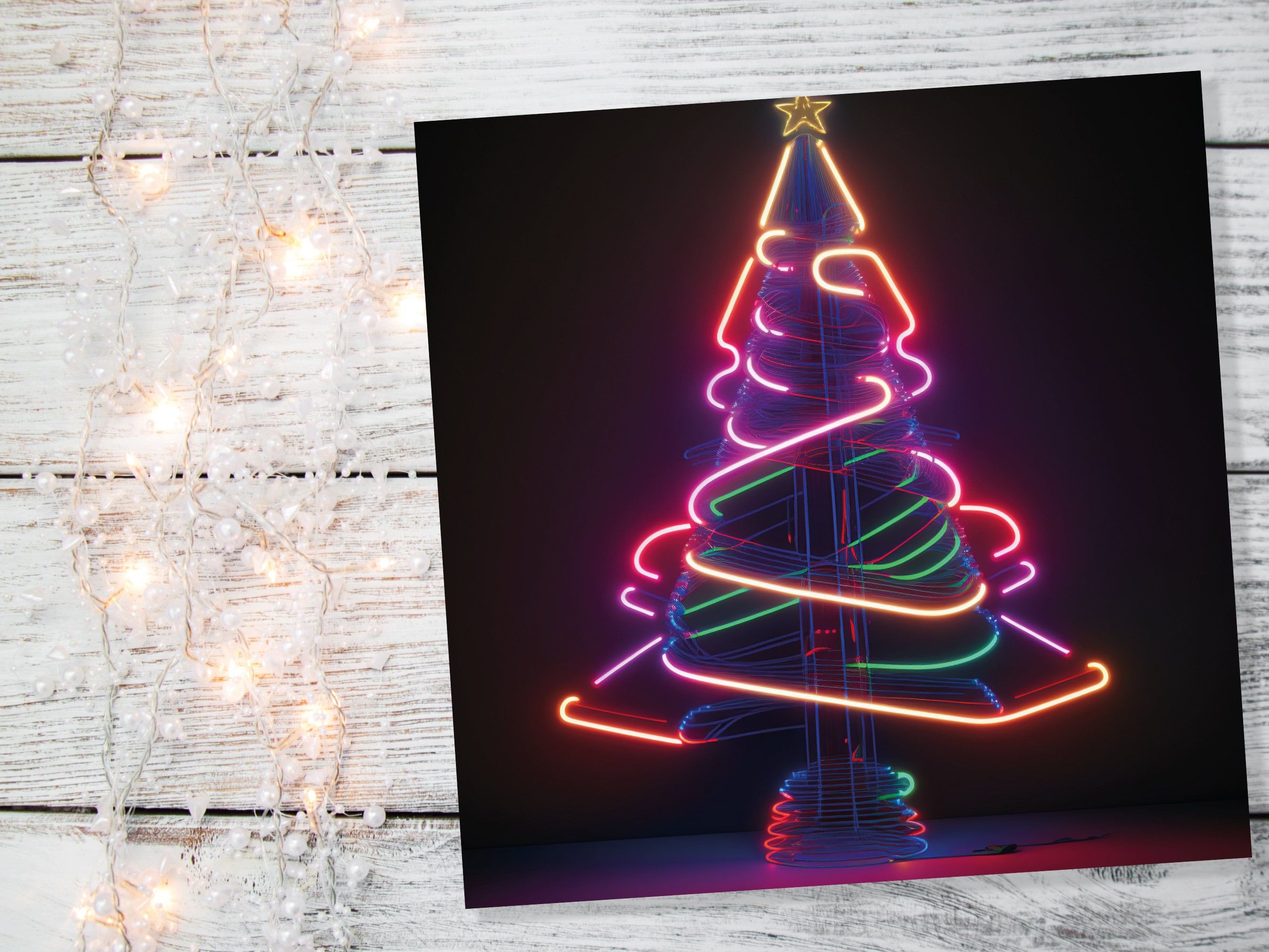 Neon Christmas Card Tree 80s Glowing Lights Tube Lighting Y2K Bright Colours Colourful Unusual Fun Modern Cards For Family Friends Xmas 2025 - View 6