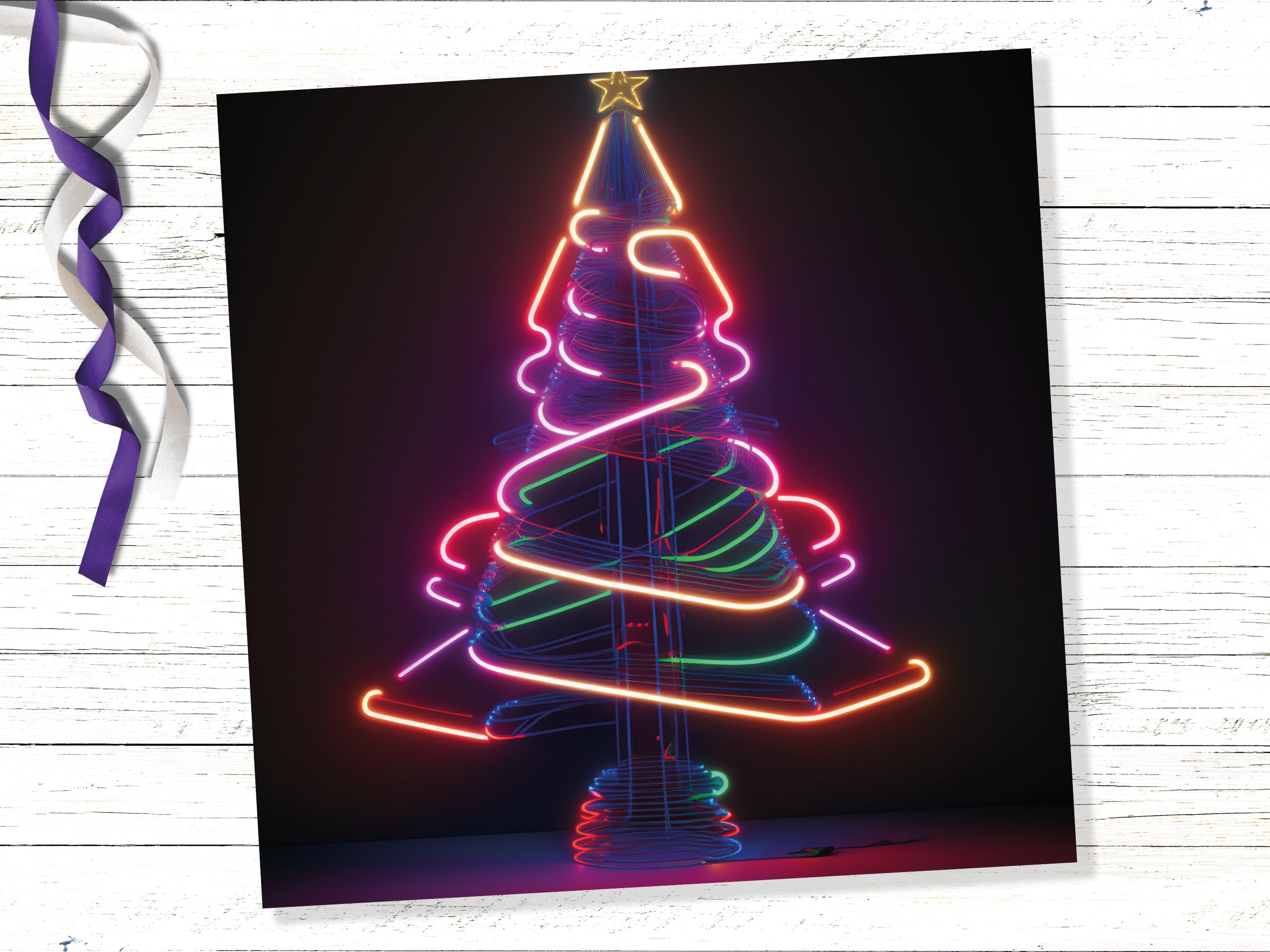 Neon Christmas Card Tree 80s Glowing Lights Tube Lighting Y2K Bright Colours Colourful Unusual Fun Modern Cards For Family Friends Xmas 2025 - View 5