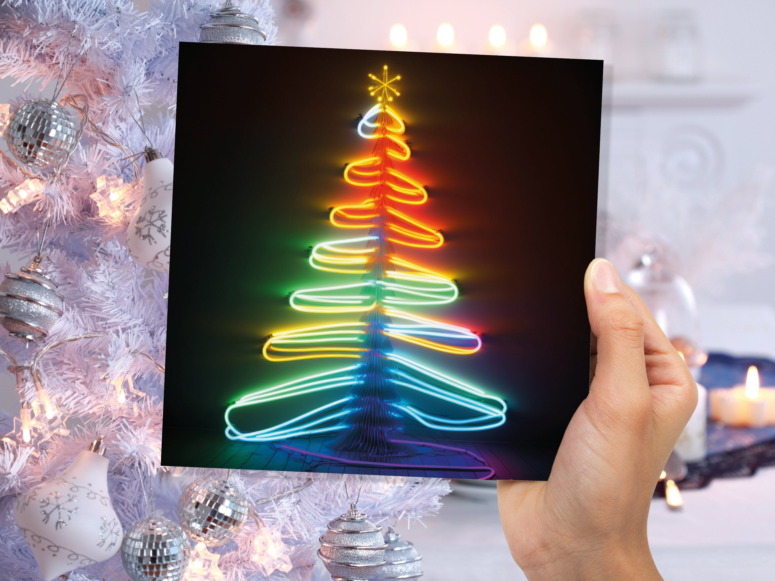 Neon Christmas Card Glowing Tree Lights Tube Lighting Y2K 80s Bright Colours Colourful Colours Unique Fun Cards For Family Friends Xmas 2025 - View 4